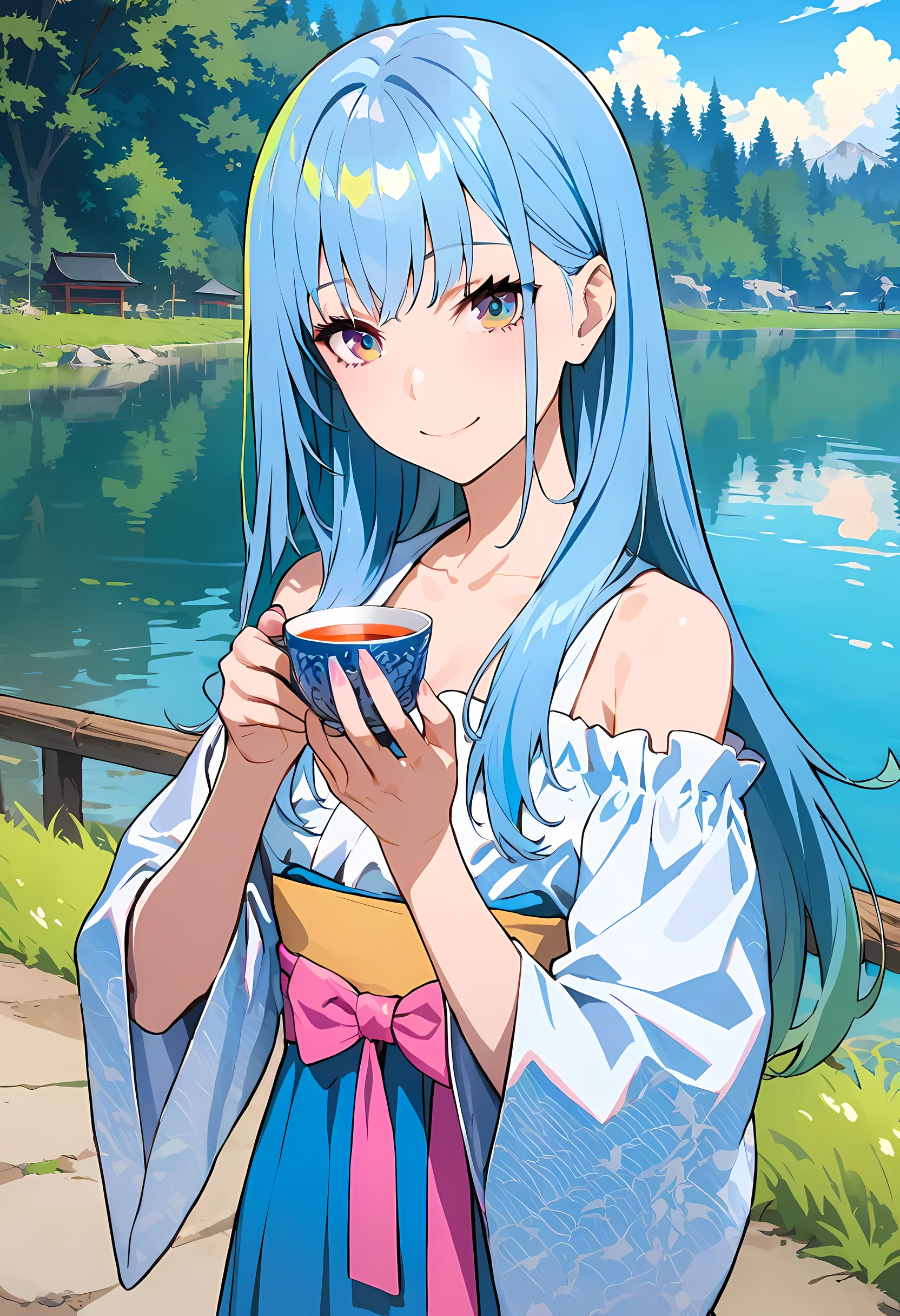 masterpiece, best quality, official art, 8k wallpaper, Very detailed, illustration, 1 girl, sky blue hair, long hair, exquisite eyes, Forrest Gump, bare shoulders, hanfu, lake, pure, gentle smile, bamboo, Tea