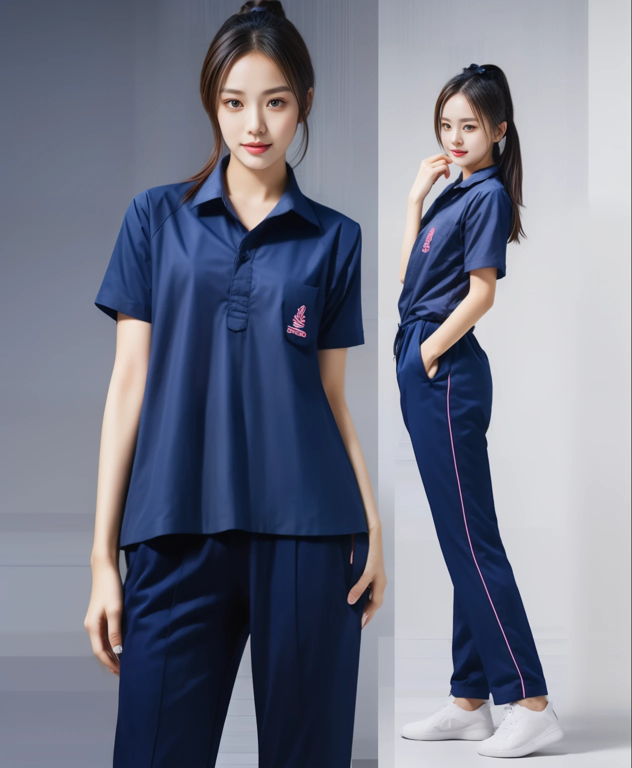 (best quality,10,10,height,Masterpiece:1.2),Special details,(realistic,ภาพrealistic,Realistic photos:1.37),1 Cute girl in the kitchen,shiny, ผิวshiny,only,smile softly,BDclothelue shirt:1.3)),short sleeve,shirt, กางเกงขาlong.,(navy_long_track pants:1.1), ((Kitchen Background)),Dynamic angle,excited,Face focus,dynamic poses,from behind,focus on ass,Masterpiece, best quality, ultra realistic, Too many details, 8k resolution, raw photos, Sharp focus, ((Navy blue shirt:1.1)), short sleeve, เส้นทางlong, perfect body, 2 mature women, 18 years old, Cinema-grade lighting system,blue sweatpants,shirtผ้าออกกำลังกาย,correct anatomy,perfect body, correct body, Sharp face, correct bodyทางกายวิภาค, full body, realistic gestures, long-haired, realistic poses,Wear long shorts...........................,ช่วงขาlong,Good shape,carved girl, Slender figure, model, Good shape, beautiful body,blue sweatpants, two girls kissing