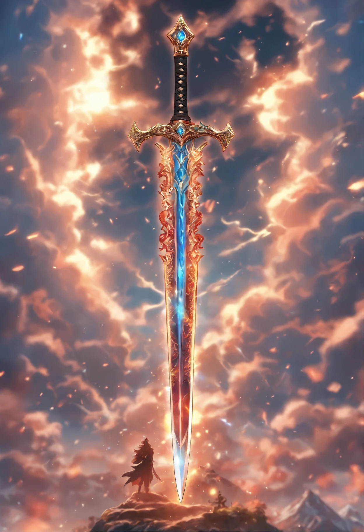 A huge sword inlaid with dazzling gems，The sword is surrounded by cool lightning-like special effects，Exquisite dragon pattern decoration snakes along the sword body。The sword is suspended in a fairyland of clouds and peaceful light，In the background is a majestic mountain range，The sun shines through the clouds on the sword，Look mysterious and solemn。