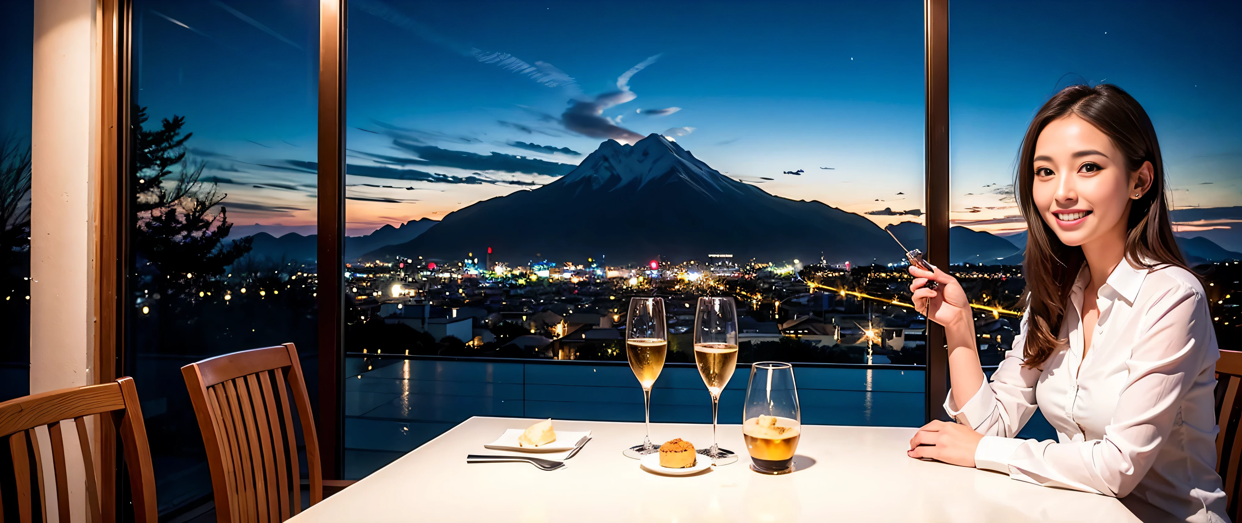 K, Hmm, highest quality, masterpiece: 1.2), (realistic, photorealistic: 1.37), Spectacular view of the sunset sky and clouds、Amazing mountain views、3 slim beauties, (slim face),Happy、 the best smile、Fox face、Berry Short、(because I'thin), (brown hair), (shortcut), long sleeve shirt、winter fashion、Colombian、Brazilian、Japanese、Dutch、German、Portuguese、Belgian、Italian、French,Champagne、sparkling wine、 (squirt), (slim body), (brown hair), (shortcut), neat beauty、cheeks turn a little red, (35 years old), 38 years old, alone, A beautiful and detailed night view spreads out outside the window....., restaurant, wine glass is sitting, At night, in a prominent place (from the Upper body) nova frog style, actress, model, Upper body, White wine, slim, wine glass, Very beautiful night view, wine glass Put in the Middle, Happy smile, (smile: 1.15),