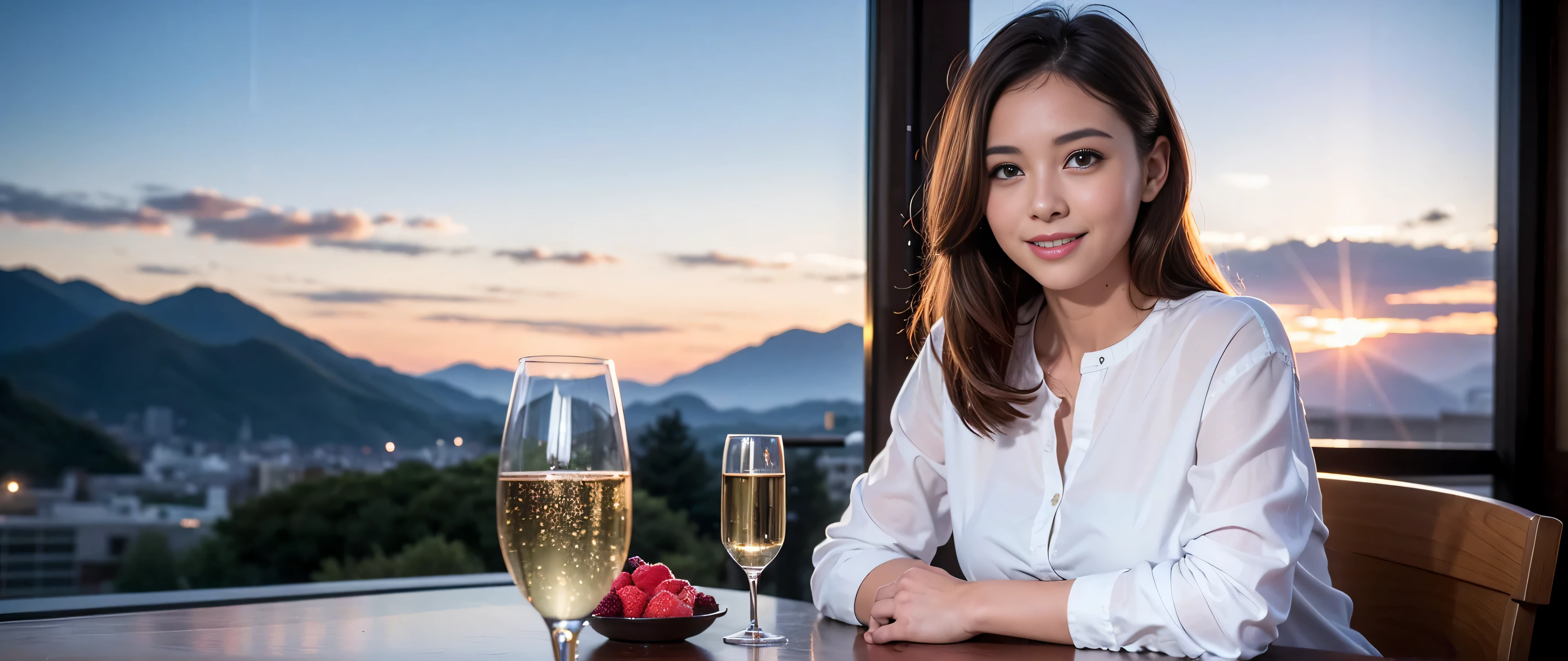 K, Hmm, highest quality, masterpiece: 1.2), (realistic, photorealistic: 1.37), Spectacular view of the sunset sky and clouds、Amazing mountain views、3 slim beauties, (slim face),Happy、 the best smile、Fox face、Berry Short、(because I'thin), (brown hair), (shortcut), long sleeve shirt、winter fashion、Colombian、Brazilian、Japanese、Dutch、German、Portuguese、Belgian、Italian、French,Champagne、sparkling wine、 (squirt), (slim body), (brown hair), (shortcut), neat beauty、cheeks turn a little red, (35 years old), 38 years old, alone, A beautiful and detailed night view spreads out outside the window....., restaurant, wine glass is sitting, At night, in a prominent place (from the Upper body) nova frog style, actress, model, Upper body, White wine, slim, wine glass, Very beautiful night view, wine glass Put in the Middle, Happy smile, (smile: 1.15),