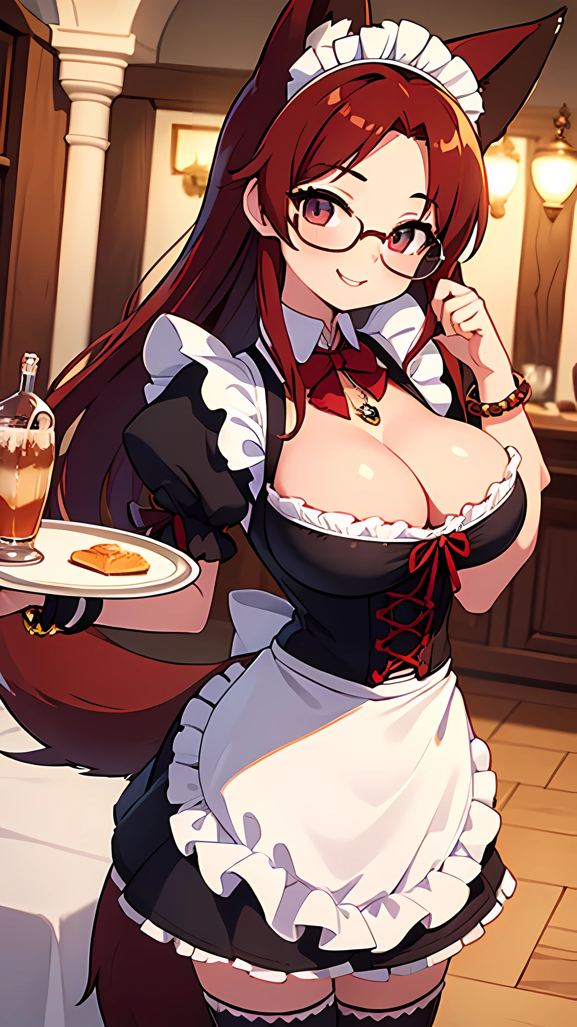 (masterpiece), best quality, expressive eyes, perfect face,(fox girl, Fox ears, fox tail),dark red hair, cleavage,big breasts,(Victorian maid outfit:1.3),tray serving drinks,glasses,semi-rimmed,crystal pendant,bracelet,smiles,cafe,studio lighting,soft shadows