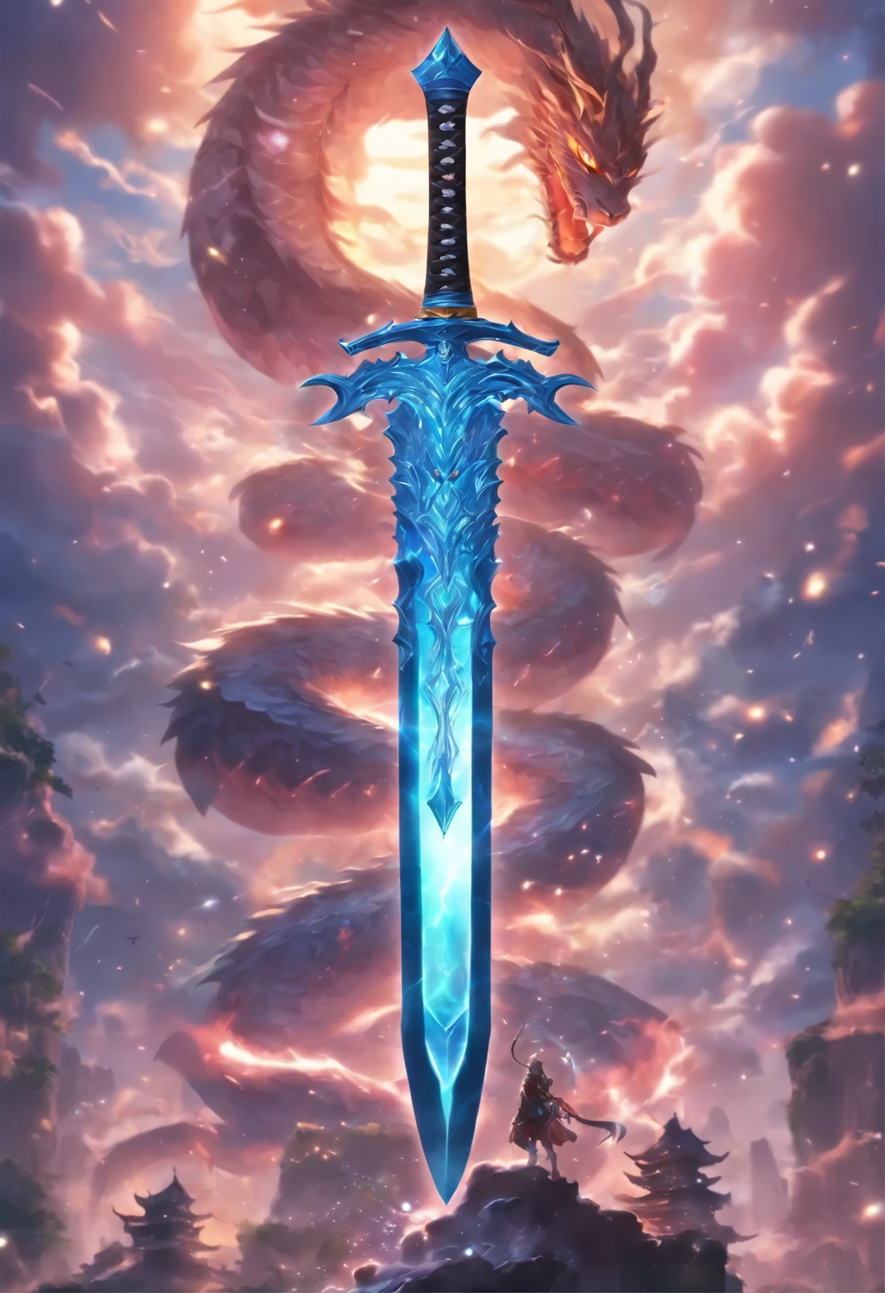 A huge sword inlaid with dazzling gems,The sword is surrounded by cool lightning-like special effects,Exquisite dragon pattern decoration snakes along the sword body。The sword is suspended in a fairyland of clouds and peaceful light,In the background is a majestic mountain range,The sun shines through the clouds on the sword,Look mysterious and solemn。