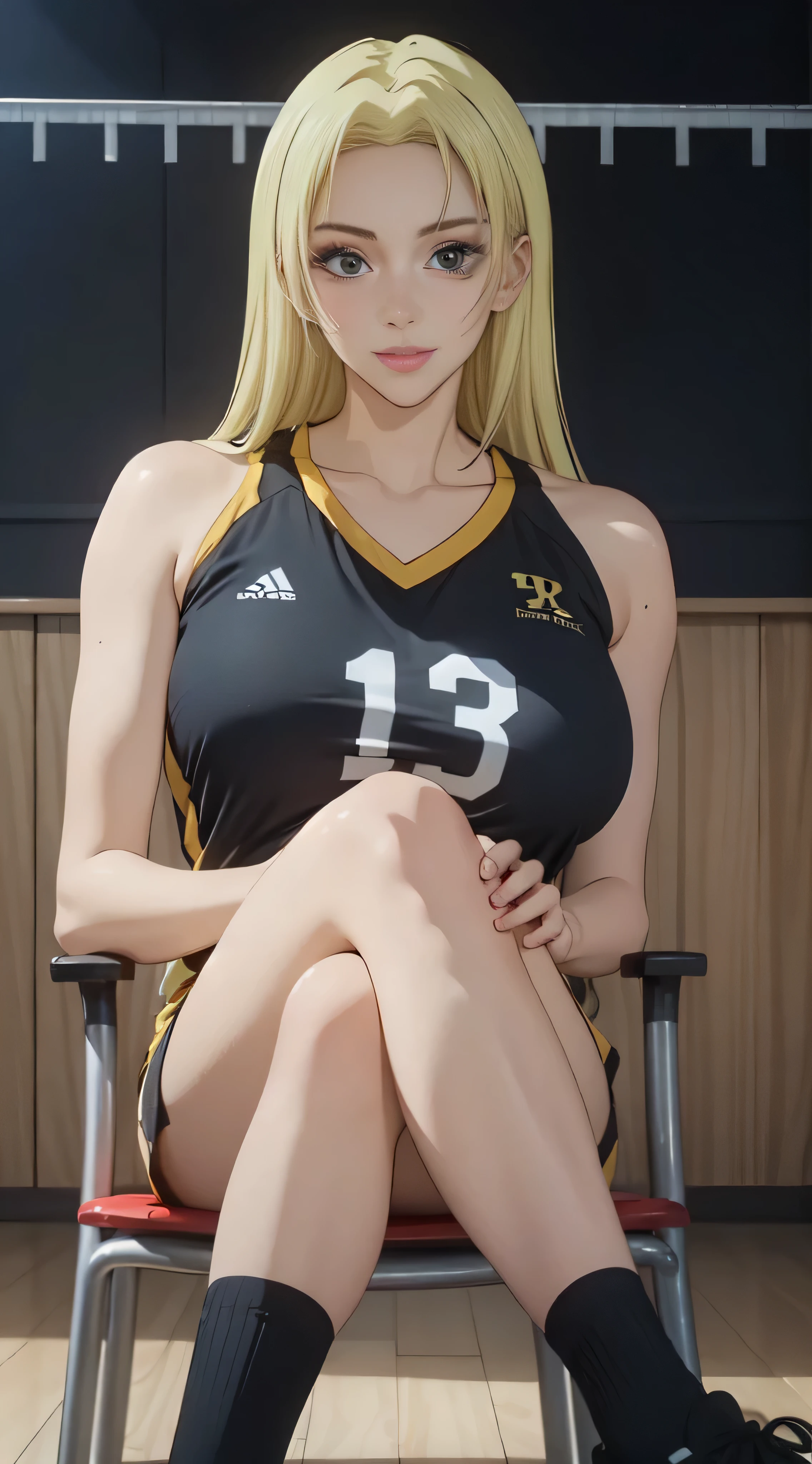 ((masterpiece, Best Quality, high resolution, Perfect Pixel, 8K))), 1 girl、slim thighs、full body seen、 ((Bangs、gorgeous blonde hairs、Long beautiful blonde hairs))、((Gorgeous black eyes、Beautiful eyelashes、Realistic eyes))、 ((Detailed face, Blushing:1.2))、((Smooth texture:0.75, Realistic texture:0.65, Photorealistic:1.1, Anime CG style))、Dynamic Angle、Perfect body、(Women Sports shorts、perfectly insanely detailed eyes、Background volleyball court、Volleyball uniform)、Perfect realistic representation of face、(no-bra)、(sitting on a chair、legs wide open、legs crossed)、(beautiful portrait、very High quality、towel rolled、ultra high definition、 insanely detailed face、ultra high quality、ultra high clarity、best quality)、insanely detailed dress、looking somewhere、realistic representation of a face、curvy body、shoes、white skin、Waving her hairs、sweaty uniform、glistening sweaty body、best image quality、best clarity、 highest resolution、8k resolution、ultra high resolution、beautiful smile、beautiful eyelashes、beautiful face、gorgeous representation of a face、curvy body、perfect body、full body posture、erect through、erotic face、glistening sweat、dynamic lightning、perfect body、dynamic lightning、 (innocent_big_eyes:1.0)、Bright_Front_face_Lighting、seen from front、shiny skin、bokeh:1.2、Full body shot、professional photograph、(Beautiful,large_Breasts:1.4)