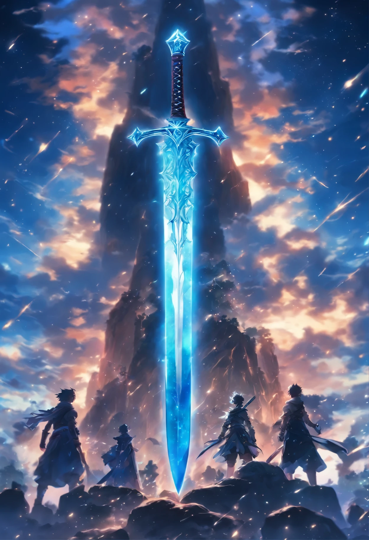 Under a bright starry sky,A huge sword representing power stands on the rock,The sword is engraved with complex star maps and mysterious runes.,Exuding a faint blue light。The starry sky in the background echoes the star map on the sword,Create a scene of the intersection of forces in the universe。The light illuminates the sword softly,Make every decoration appear vivid。