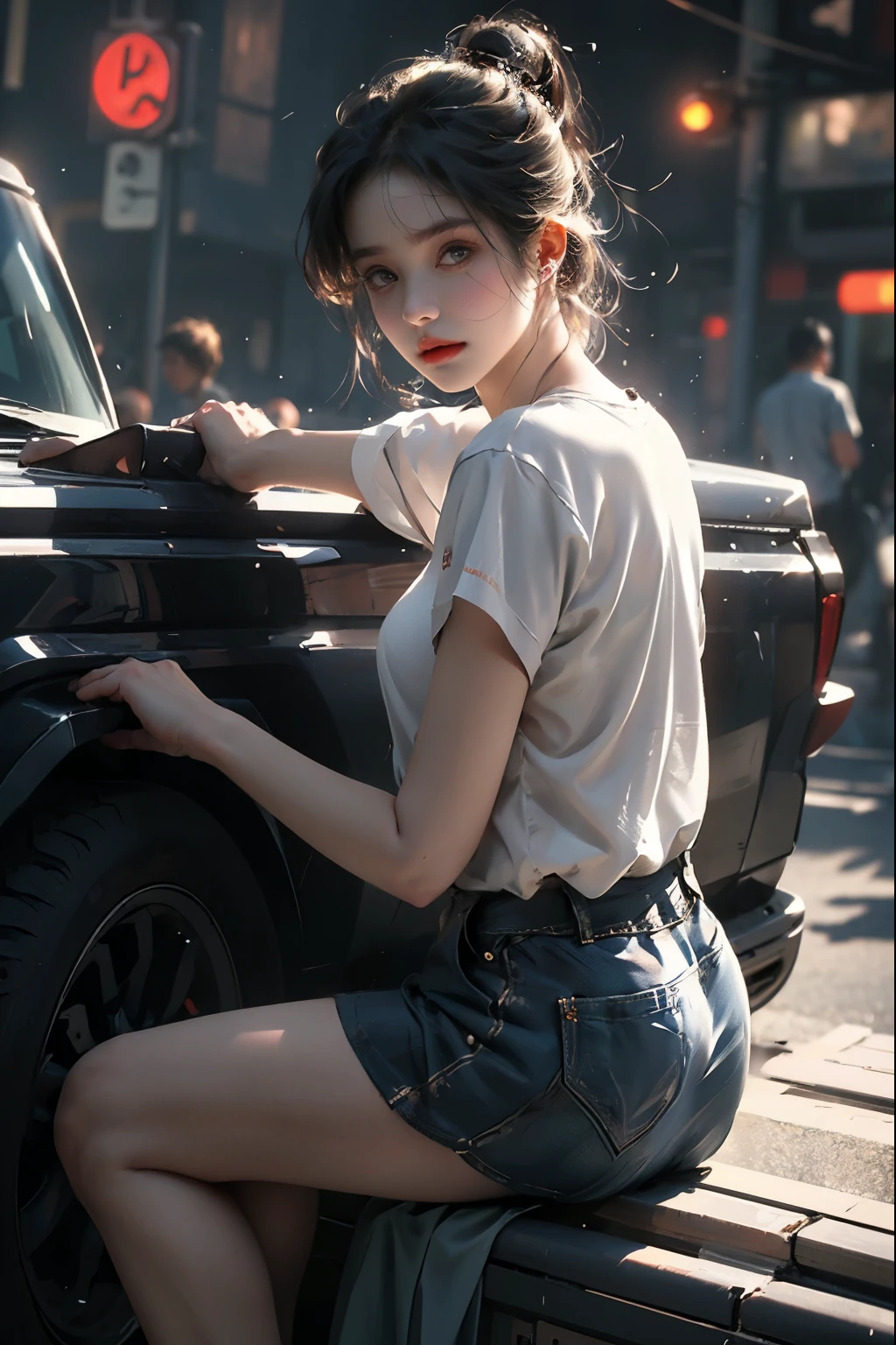 full body capture,(8K, Raw photo, highest quality, mastery:1.2), (realistic, realistic:1.37),1 girl,(cute face),(Shining eyes), full body portrait,detailed ponytail,dramatic angle,in the city,looking at the viewer,Angle of view ,cyberpunk characters,short skirt,masterpiece,(realistic face),realistic skin,top model,Angle from below,top notch photographer,short hair,shiny face,model pose,Clear face,beautiful face,night,Spotlight,real girl,sitting down,legs crossed,white panties,階段にsitting down