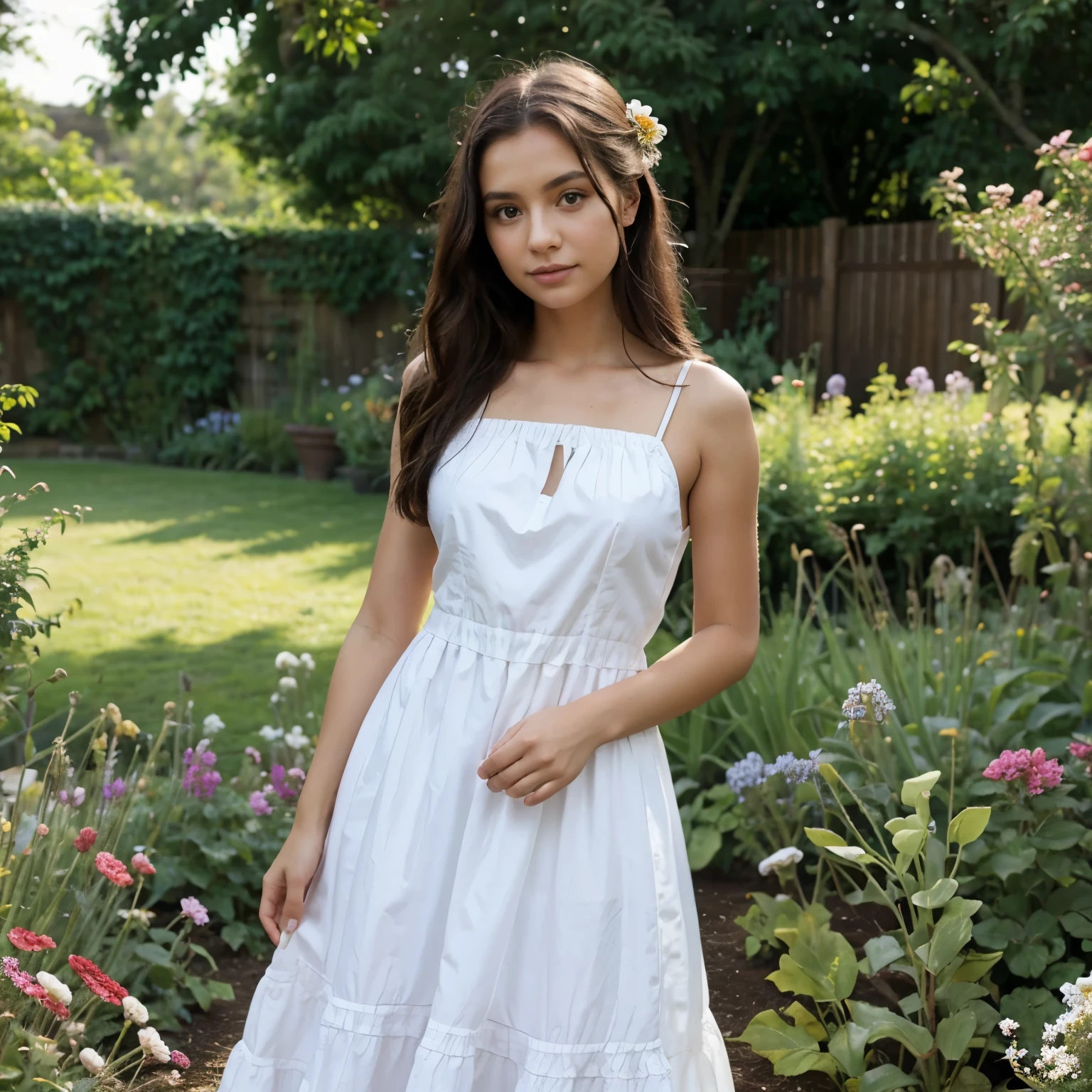 A girl in beautiful dress standing in the garden