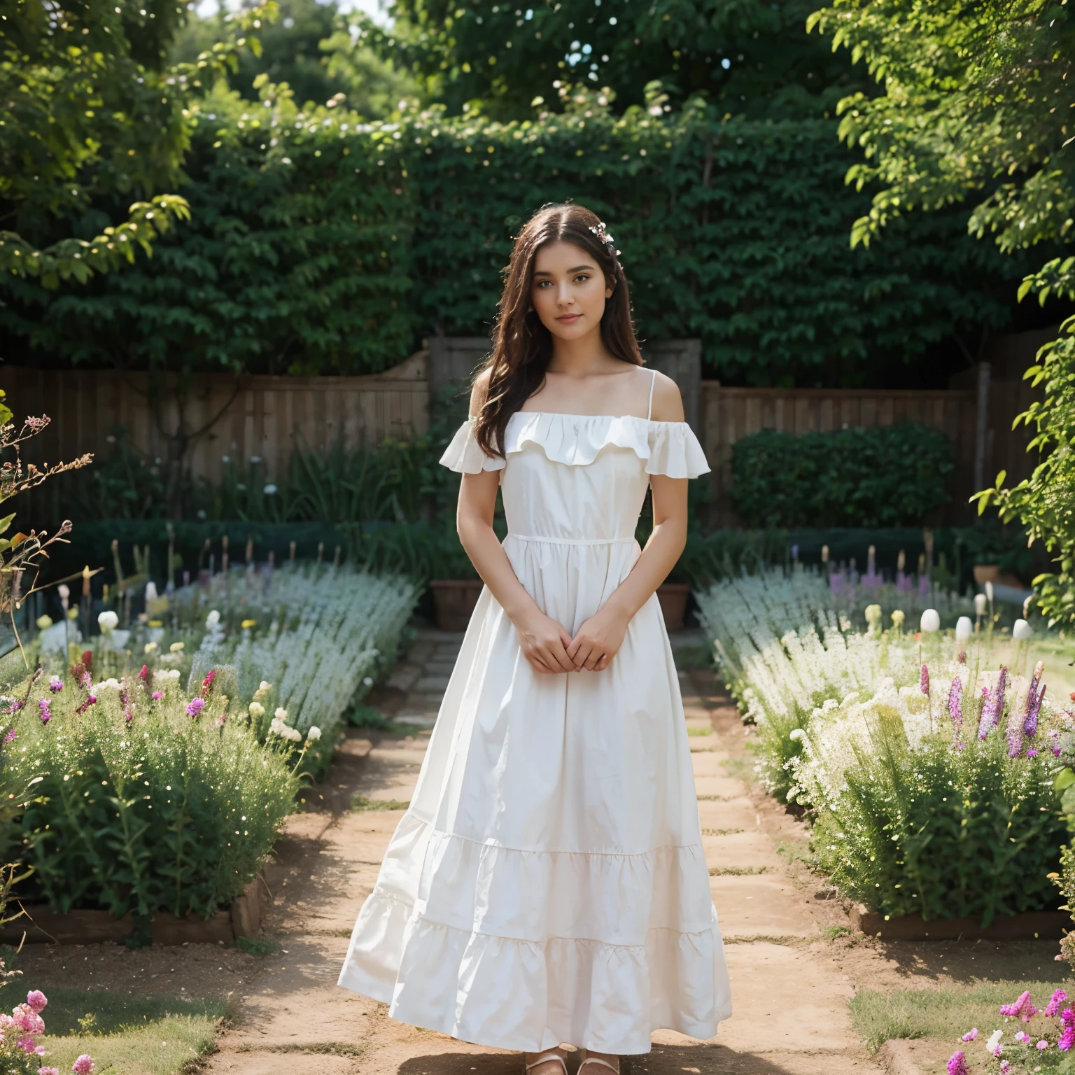 A girl in beautiful dress standing in the garden