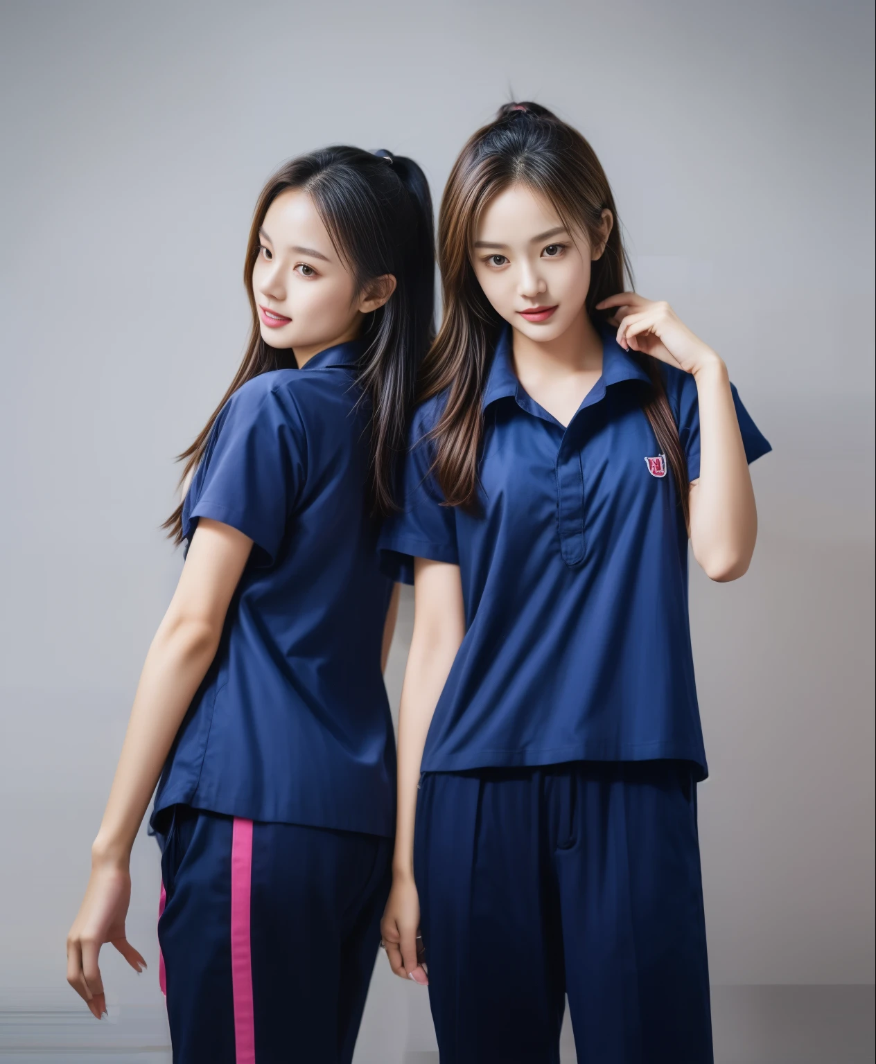 (best quality,10,10,height,Masterpiece:1.2),Special details,(realistic,ภาพrealistic,Realistic photos:1.37),1 Cute girl in the kitchen,shiny, ผิวshiny,only,smile softly,BDclothelue shirt:1.3)),short sleeve,shirt, กางเกงขาlong.,(navy_long_track pants:1.1), ((Kitchen Background)),Dynamic angle,excited,Face focus,dynamic poses,from behind,focus on ass,Masterpiece, best quality, ultra realistic, Too many details, 8k resolution, raw photos, Sharp focus, ((Navy blue shirt:1.1)), short sleeve, เส้นทางlong, perfect body, 2 mature women, 18 years old, Cinema-grade lighting system,blue sweatpants,shirtผ้าออกกำลังกาย,correct anatomy,perfect body, correct body, Sharp face, correct bodyทางกายวิภาค, full body, realistic gestures, long-haired, realistic poses,Wear long shorts...........................,ช่วงขาlong,Good shape,carved girl, Slender figure, model, Good shape, beautiful body,blue sweatpants, two girls kissing