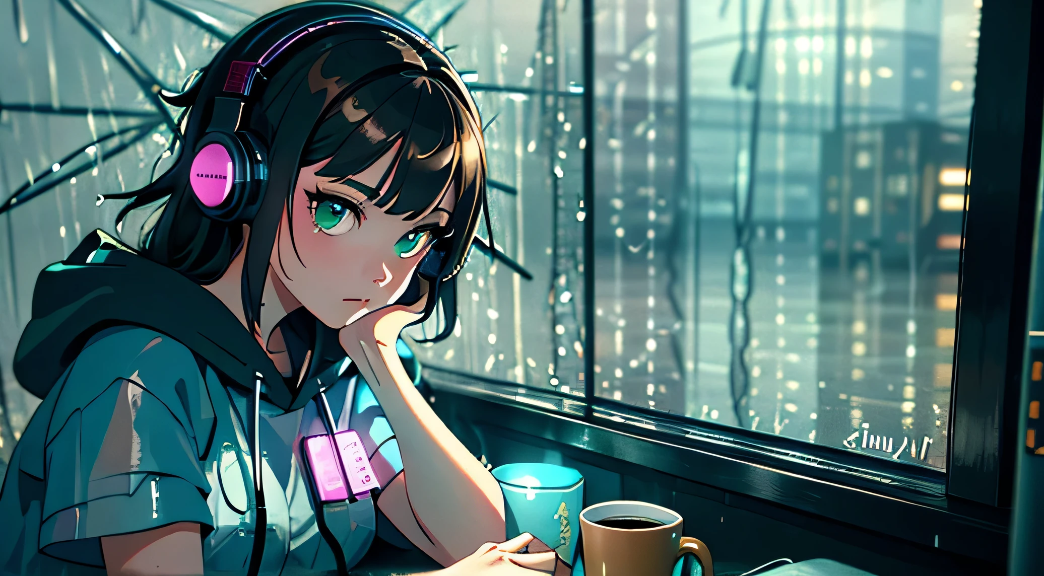 (Best quality, 4k, Masterpiece :1.3), ((rainy night: 1.5)), Girl 20 years brunette , cyberpunk lo-fi, in the bedroom, listening to music on pc, coffee cup on the table, headphones, open window on rainy night, white top glued, short shorts, wearing socks, ultra detailed, full cyberpunk headset, intricate details, 16k