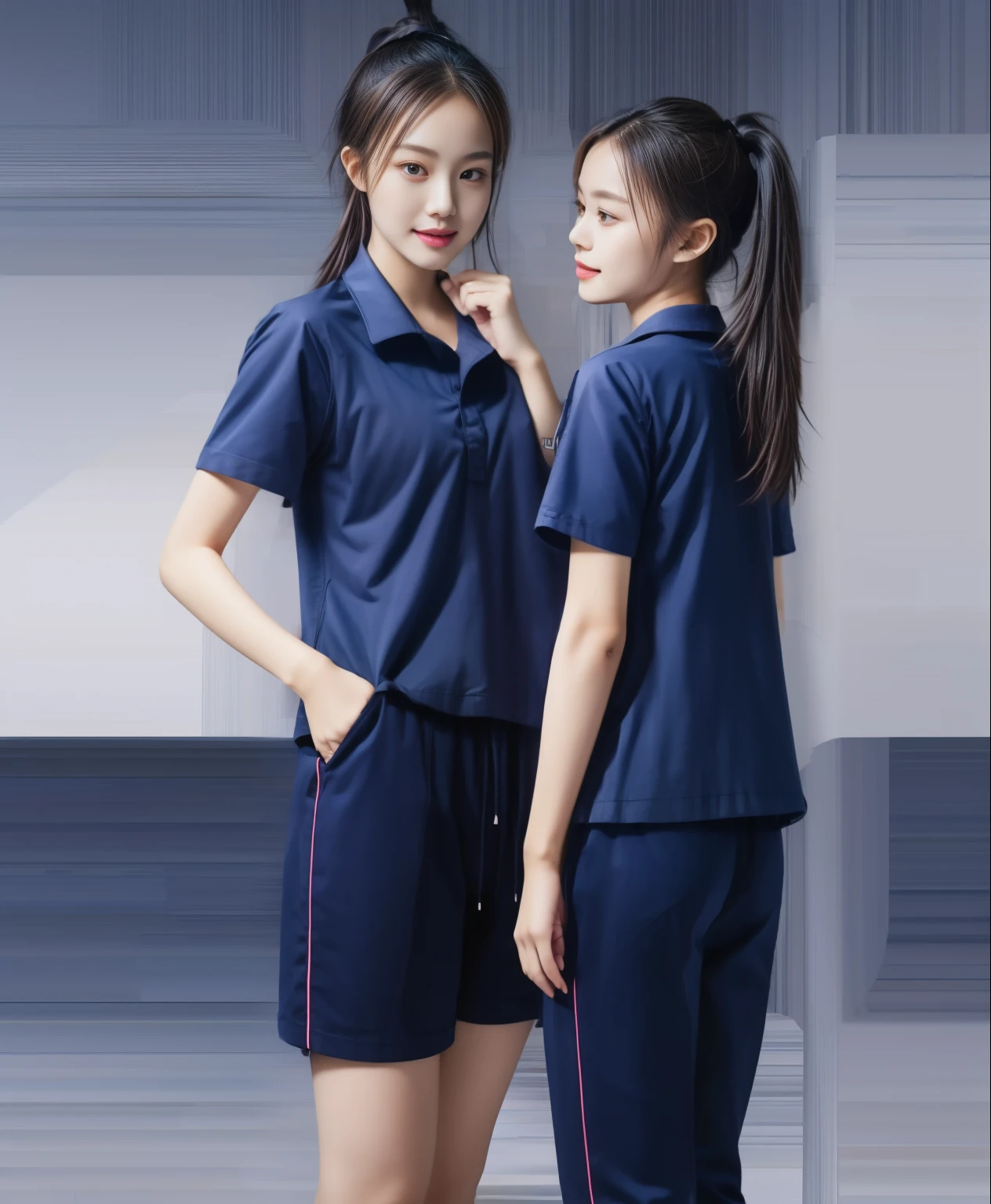 (best quality,10,10,height,Masterpiece:1.2),Special details,(realistic,ภาพrealistic,Realistic photos:1.37),1 Cute girl in the kitchen,shiny, ผิวshiny,only,smile softly,BDclothelue shirt:1.3)),short sleeve,shirt, กางเกงขาlong.,(navy_long_track pants:1.1), ((Kitchen Background)),Dynamic angle,excited,Face focus,dynamic poses,from behind,focus on ass,Masterpiece, best quality, ultra realistic, Too many details, 8k resolution, raw photos, Sharp focus, ((Navy blue shirt:1.1)), short sleeve, เส้นทางlong, perfect body, 2 mature women, 18 years old, Cinema-grade lighting system,blue sweatpants,shirtผ้าออกกำลังกาย,correct anatomy,perfect body, correct body, Sharp face, correct bodyทางกายวิภาค, full body, realistic gestures, long-haired, realistic poses,Wear long shorts...........................,ช่วงขาlong,Good shape,carved girl, Slender figure, model, Good shape, beautiful body,blue sweatpants, two girls kissing