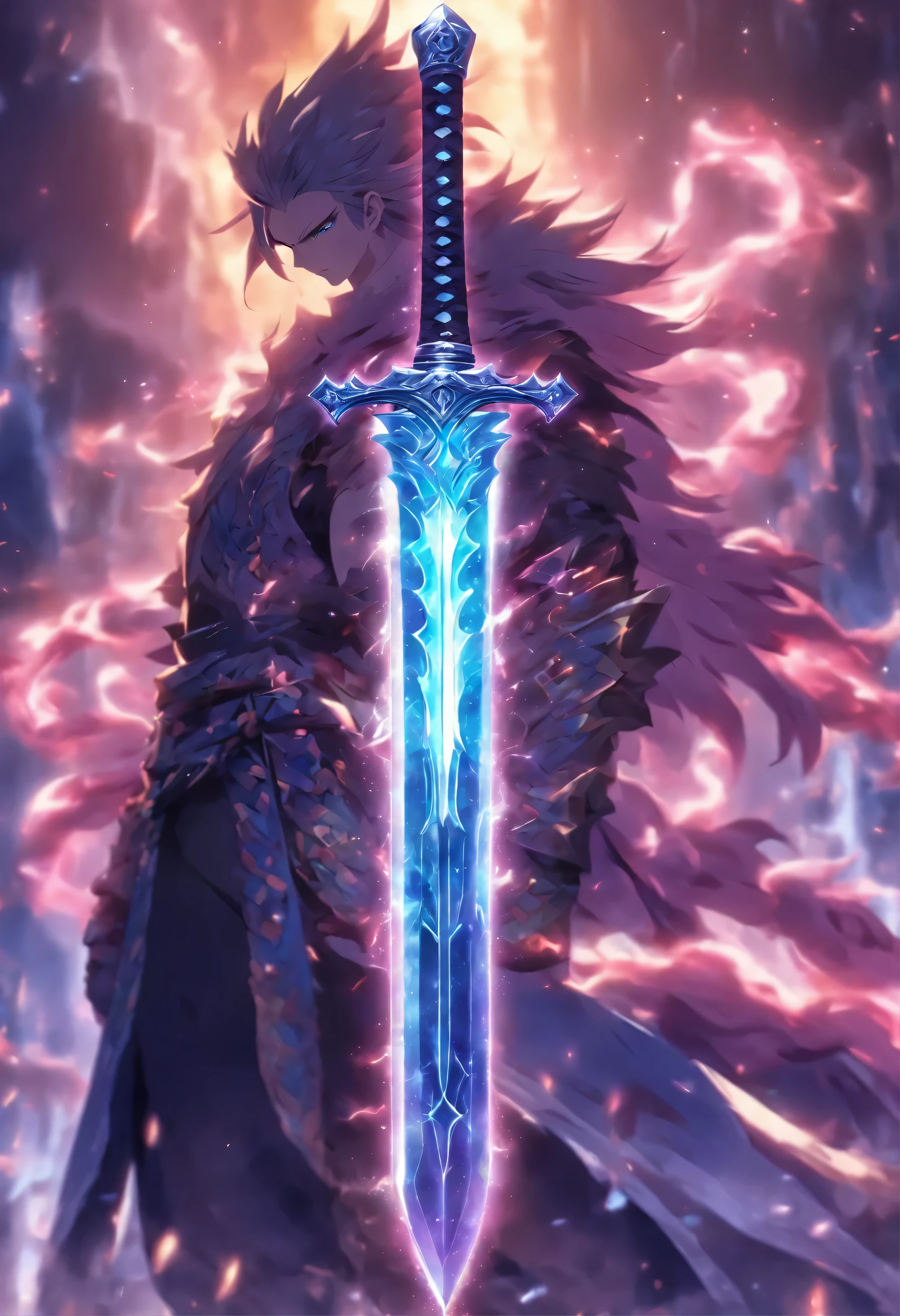 A huge sword inlaid with dazzling gems，There are cool lightning-like special effects around the sword body，The sword is decorated with exquisite dragon patterns and snakes。The sword is suspended in the fairyland with light clouds and gentle breeze，In the background is a majestic mountain range，The sun shines through the clouds on the sword，Look mysterious and solemn。