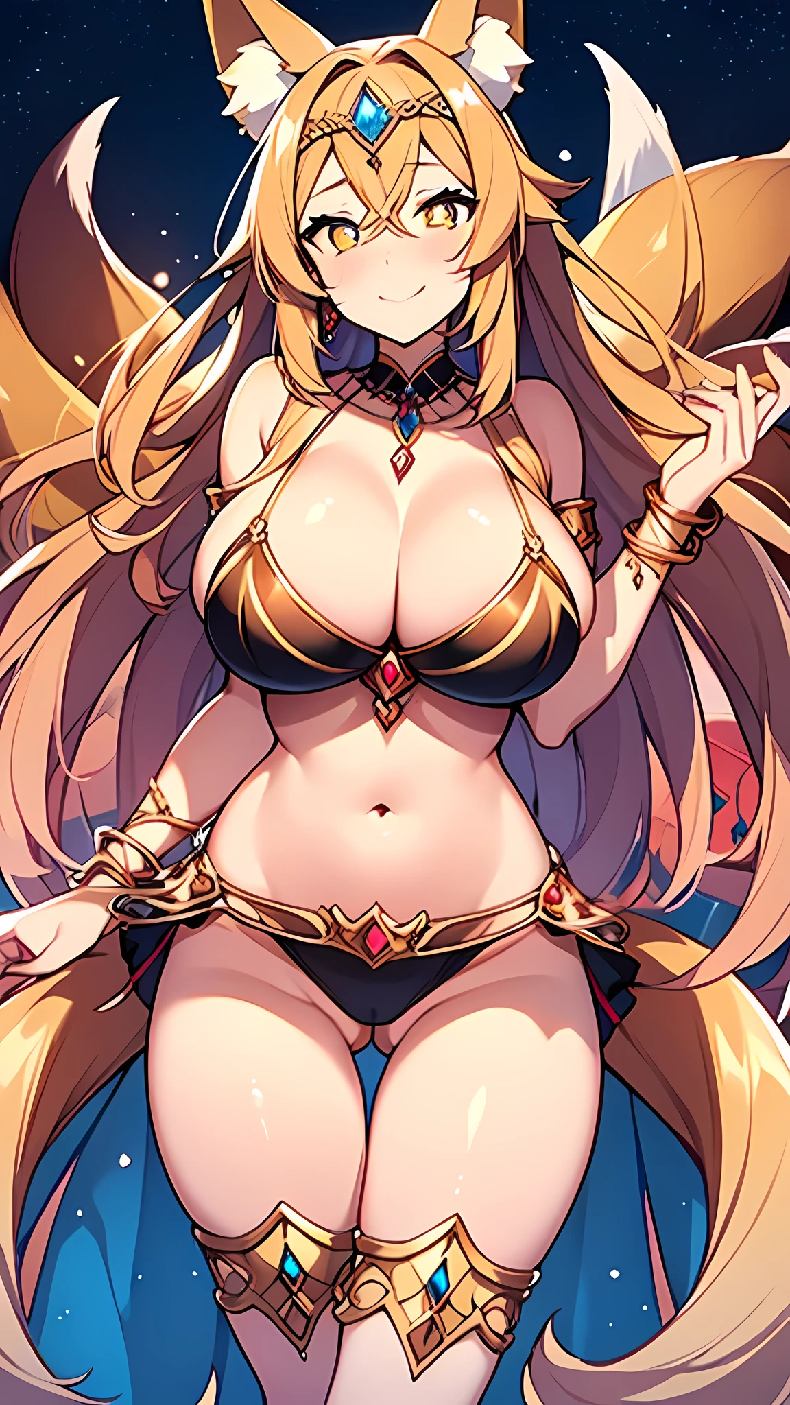 (masterpiece), best quality, expressive eyes, perfect face,(fox girl, Fox ears, fox tail),light brown hair,(glowing yellow pupils),(huge breasts:1.2),cleavage,(bare legs),heel sandals,(thigh gap:1.5),(belly dancer, harem outfit, pelvic curtain:1.2),light blue costume,crystal pendant,circlet,earrings,armlets,bracelets,bashful smile,dancing,beach,(night:1.1),(starry sky 1:1),cowboy shot
