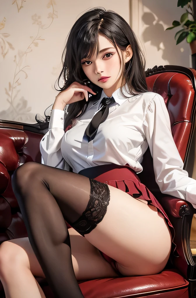 A sexy girl in a blouse and skirt sits on an armchair、Legs open to show underwear, long stockings, panty shot, camel toe, sexy underwear, medium breasts, (very detailed), (perfectly detailed face), (perfectly detailed face), (fine hands),
