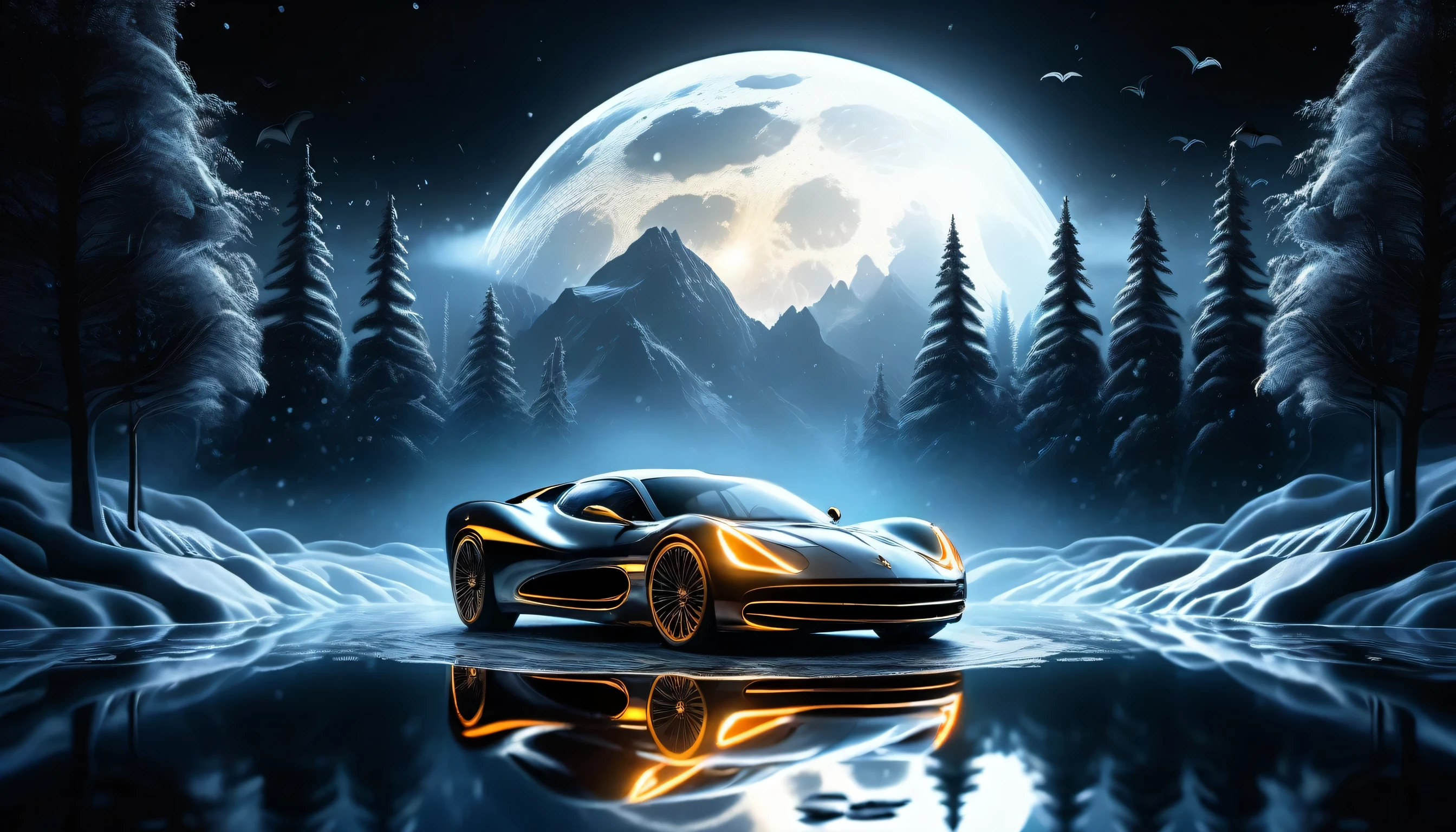 dark fantasy nature reflection illustration, Awe and spectacular scenery, Focusing on black and gold color glow painting, Flying stingray fantasy stunning creature,- Design inspired by fantasy formulas, stunning big body, every delicate detail and small detail, snow effect coating, fantastic realism, Heavy snow night landscape illustration, Additional coating pale white, stylish pose, Red glowing moon, dim fantasy full smoke monitor, elaborate background, movie angle and lighting, Detailed 32K rendering,dark fantasy mirror reflection illustration, grand reflection, Lots around the beauty glow ball, Around black and white fantastic fog, flying fine brush stroke graffiti,- Dark Fantasy Official Design, stunning big glass, every delicate detail and small detail, Abyss effect coating, fantastic realism, Illustration of heavy rain scene at night, Additional coating pale white, stylish ambiance, Detailed shining moon, Dim mirror monitor added, elaborate background, movie angle and lighting, Detailed 32K rendering,