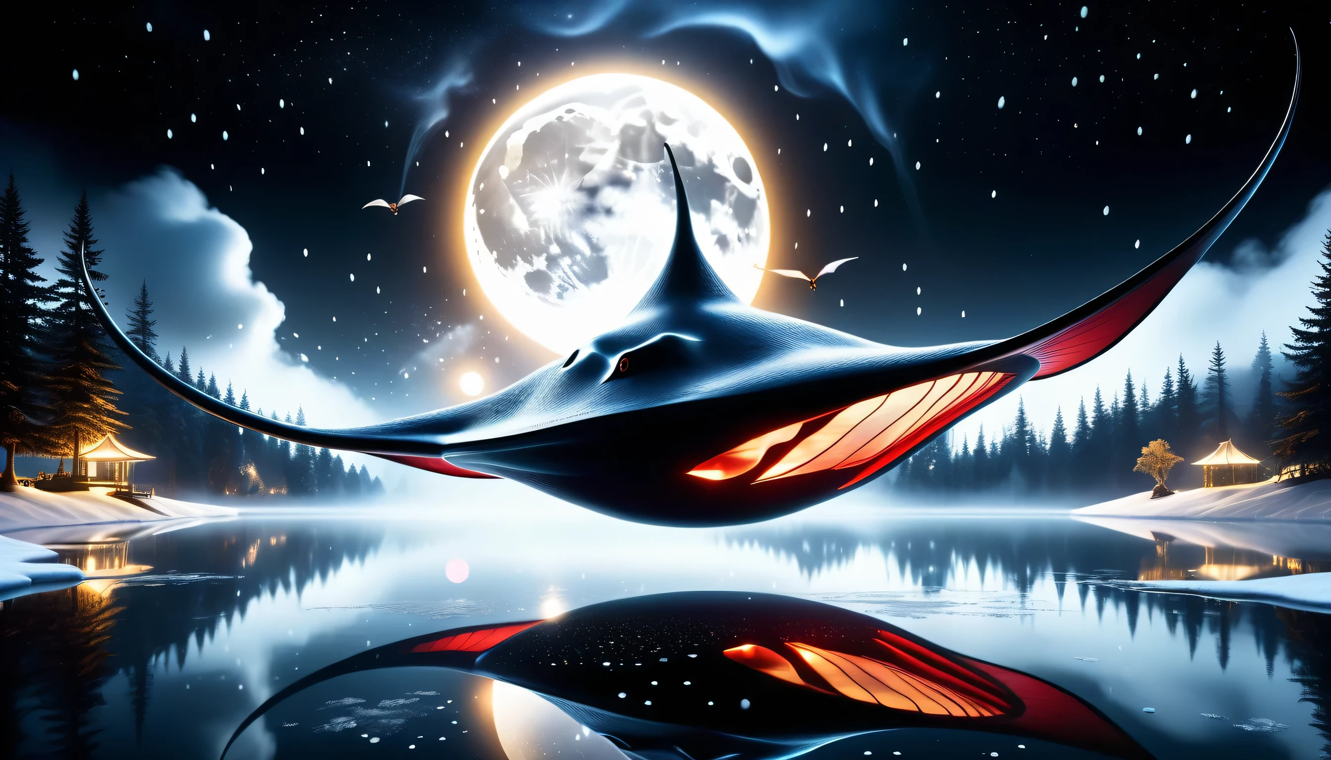 dark fantasy nature reflection illustration, Awe and spectacular scenery, Focusing on black and gold color glow painting, Flying stingray fantasy stunning creature,- Design inspired by fantasy formulas, stunning big body, every delicate detail and small detail, snow effect coating, fantastic realism, Heavy snow night landscape illustration, Additional coating pale white, stylish pose, Red glowing moon, dim fantasy full smoke monitor, elaborate background, movie angle and lighting, Detailed 32K rendering,dark fantasy mirror reflection illustration, grand reflection, Lots around the beauty glow ball, Around black and white fantastic fog, flying fine brush stroke graffiti,- Dark Fantasy Official Design, stunning big glass, every delicate detail and small detail, Abyss effect coating, fantastic realism, Illustration of heavy rain scene at night, Additional coating pale white, stylish ambiance, Detailed shining moon, Dim mirror monitor added, elaborate background, movie angle and lighting, Detailed 32K rendering,