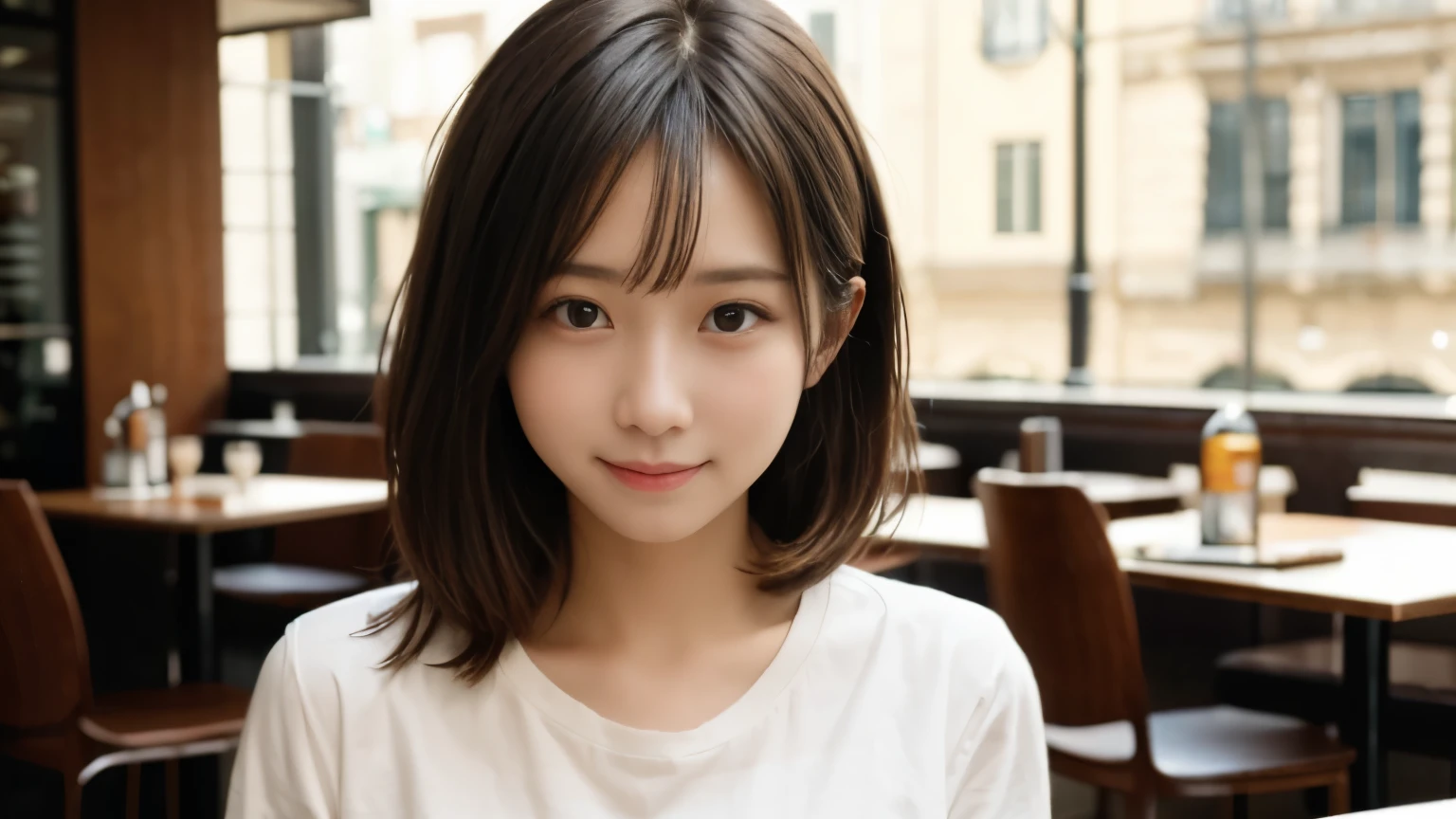 masterpiece, best quality, 8k, disorganized person, (Upper body:1.4), stylish cafe,white shirt, beautiful girl, pretty face, looking at the viewer, smile, super realistic, high resolution, picture, sharp focus, HDR, face light, dynamic lighting, movie lighting, professional shadow, beautiful cafe background, best details, very detailed, Super detailed, finely, real skin, delicate facial features, detailed face and eyes, sharp pupils、real students