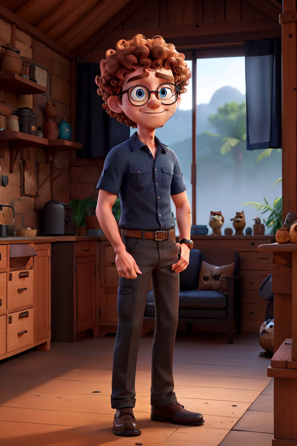 Copper blond man with curly hair, Round face, Blue eyes, Black glasses, Black shirt, Twill pants and brown shoes, One arm has a tattoo of a wolf and an owl, Jungle scene with black 4x4 car.