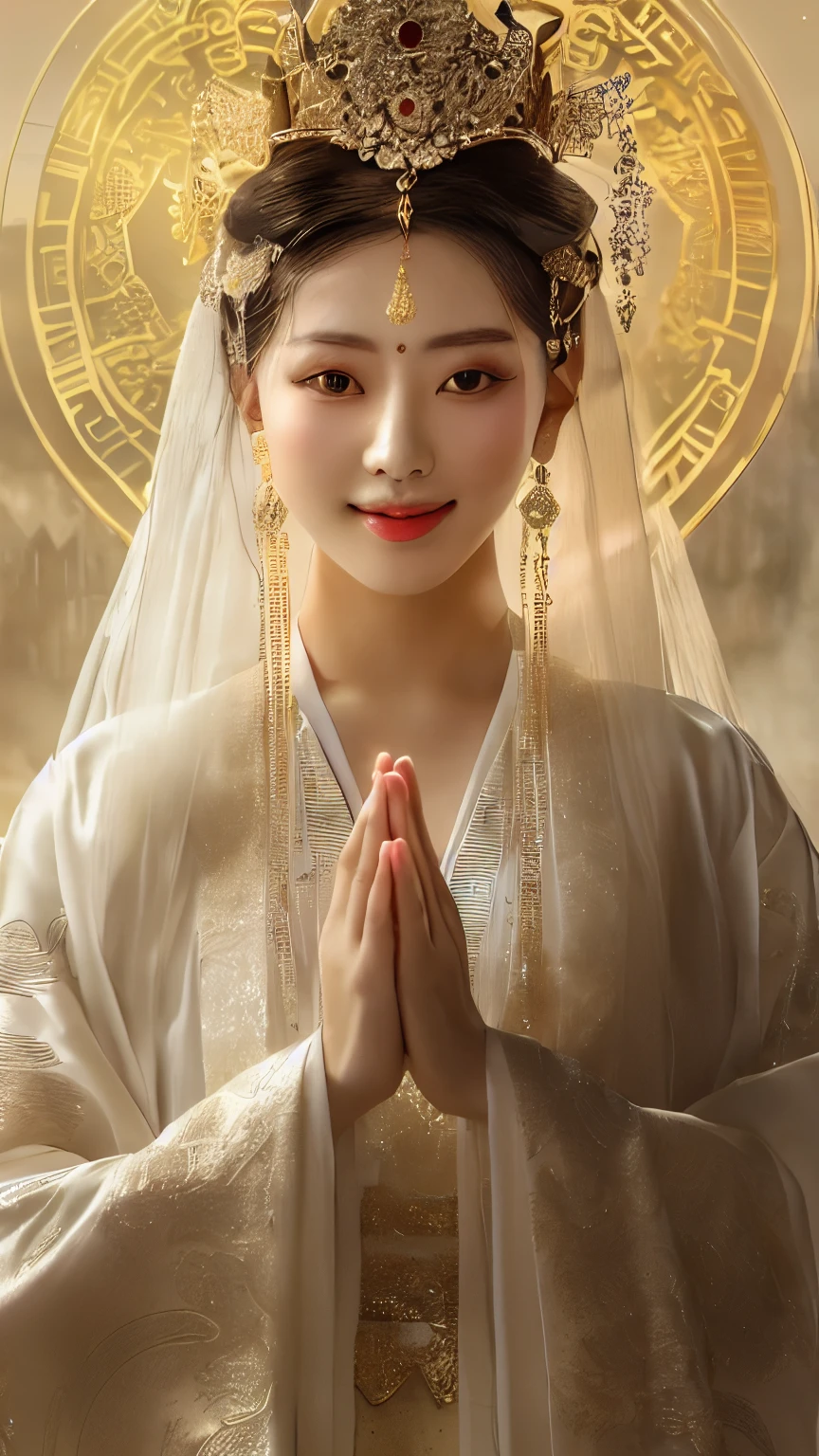 wearing white dress、Alafid woman wearing crown and golden clock, beautiful fantasy queen, portrait of a beautiful goddess, palace ， A girl wearing Hanfu, beautiful goddess, 令人惊叹的goddess portrait, white hanfu, chinese princess, Chinese goddess, ((beautiful fantasy queen)), beautiful oriental woman, goddess portrait, chinese woman