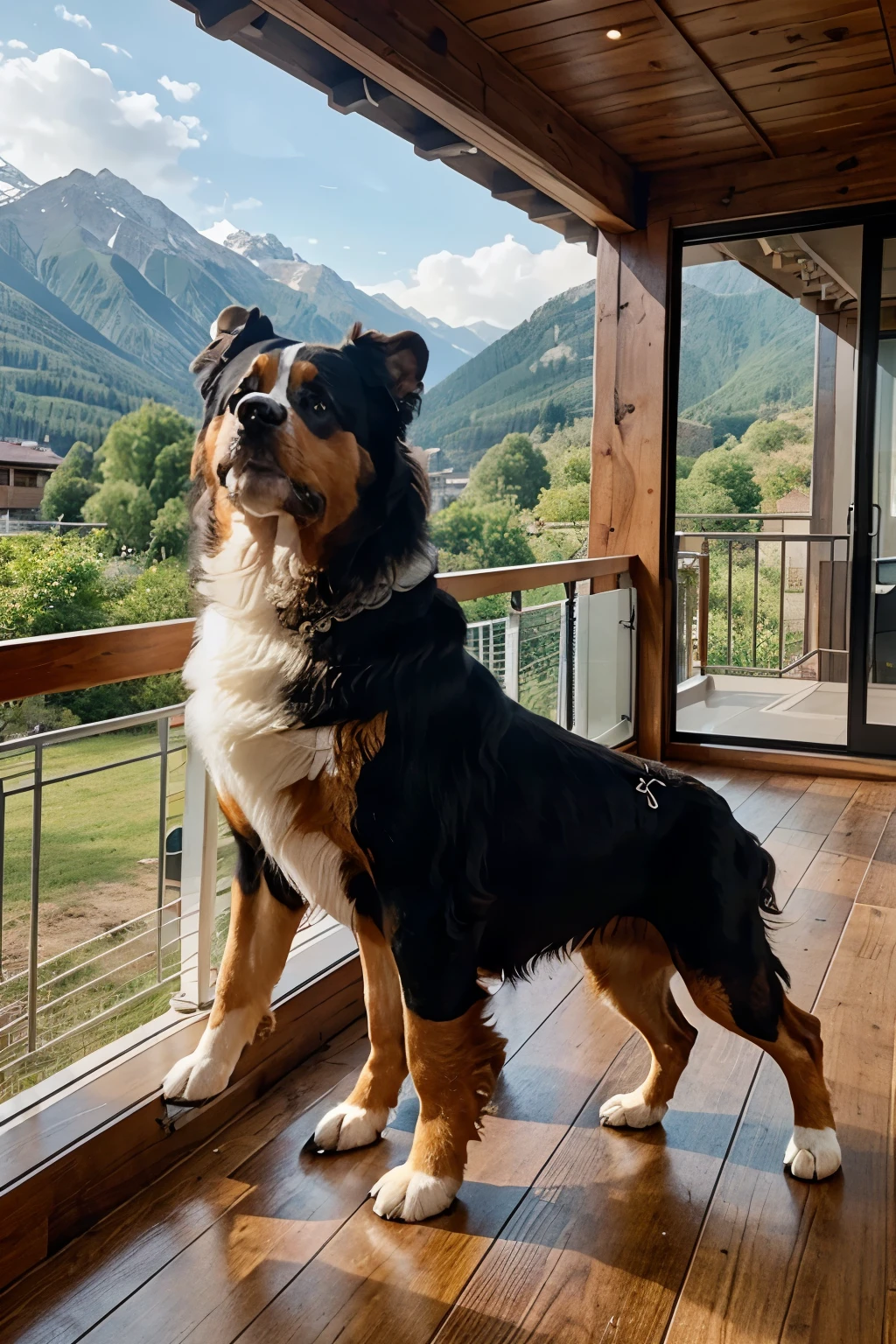 simple but modern wooden house without floors in a location with a balcony and mountain views. Bernese cattle breed dog