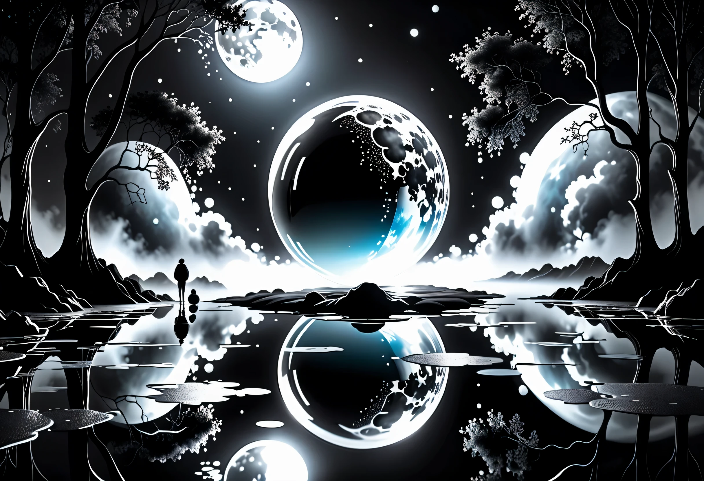 dark fantasy mirror reflection illustration, grand reflection, Lots around the beauty glow ball, Around black and white fantastic fog, flying fine brush stroke graffiti,- Dark Fantasy Official Design, stunning big glass, every delicate detail and small detail, Abyss effect coating, fantastic realism, Illustration of heavy rain scene at night, Additional coating pale white, stylish ambiance, Detailed shining moon, Dim mirror monitor added, elaborate background, movie angle and lighting, Detailed 32K rendering,