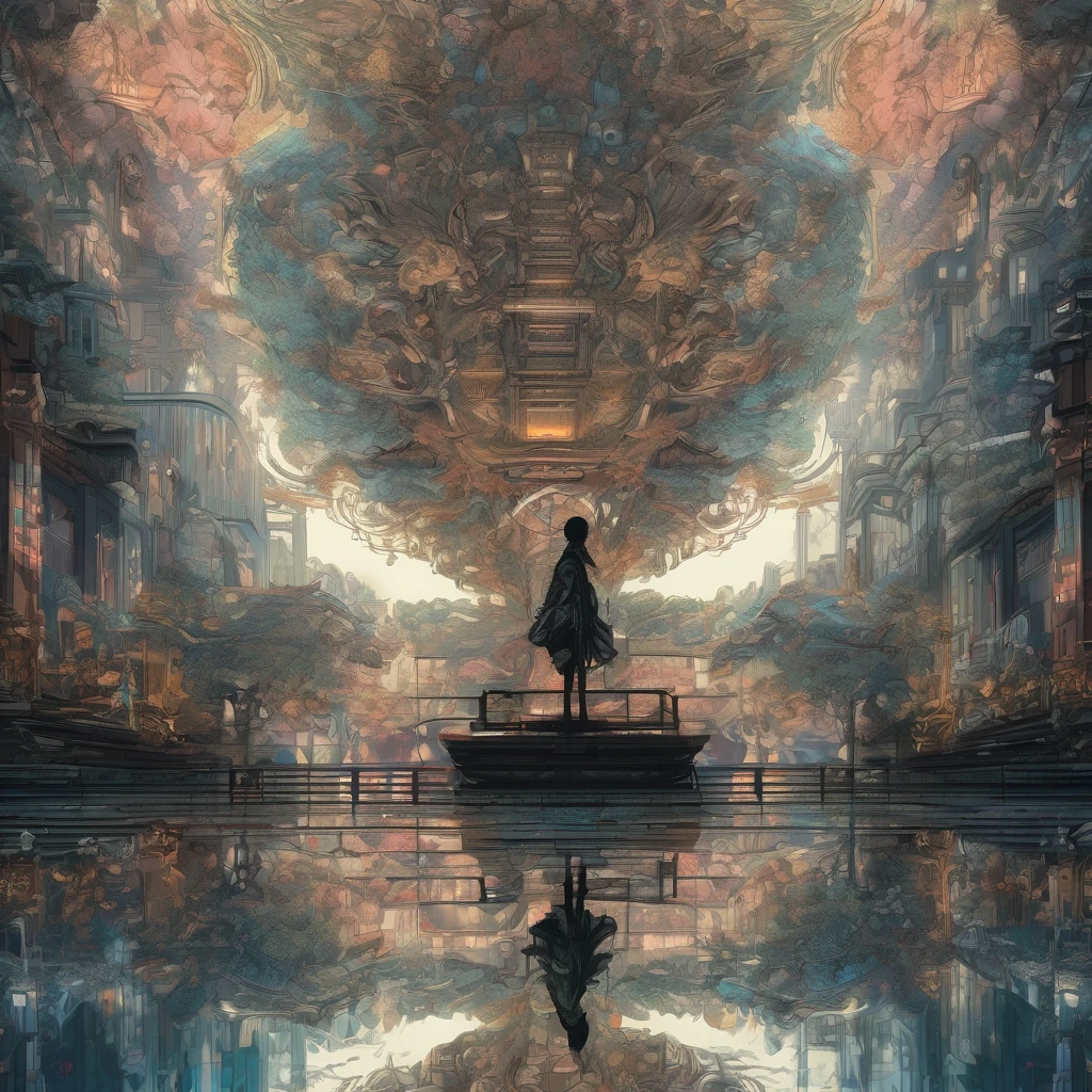 Reflection, aesthetic, extremely detailed, Reflection of Tsutomu Nihei, Anime, fantasy illustration, award winning, intricate details, realistic, Hyperdetailed, 8k resolution, symmetrical, strong strokes