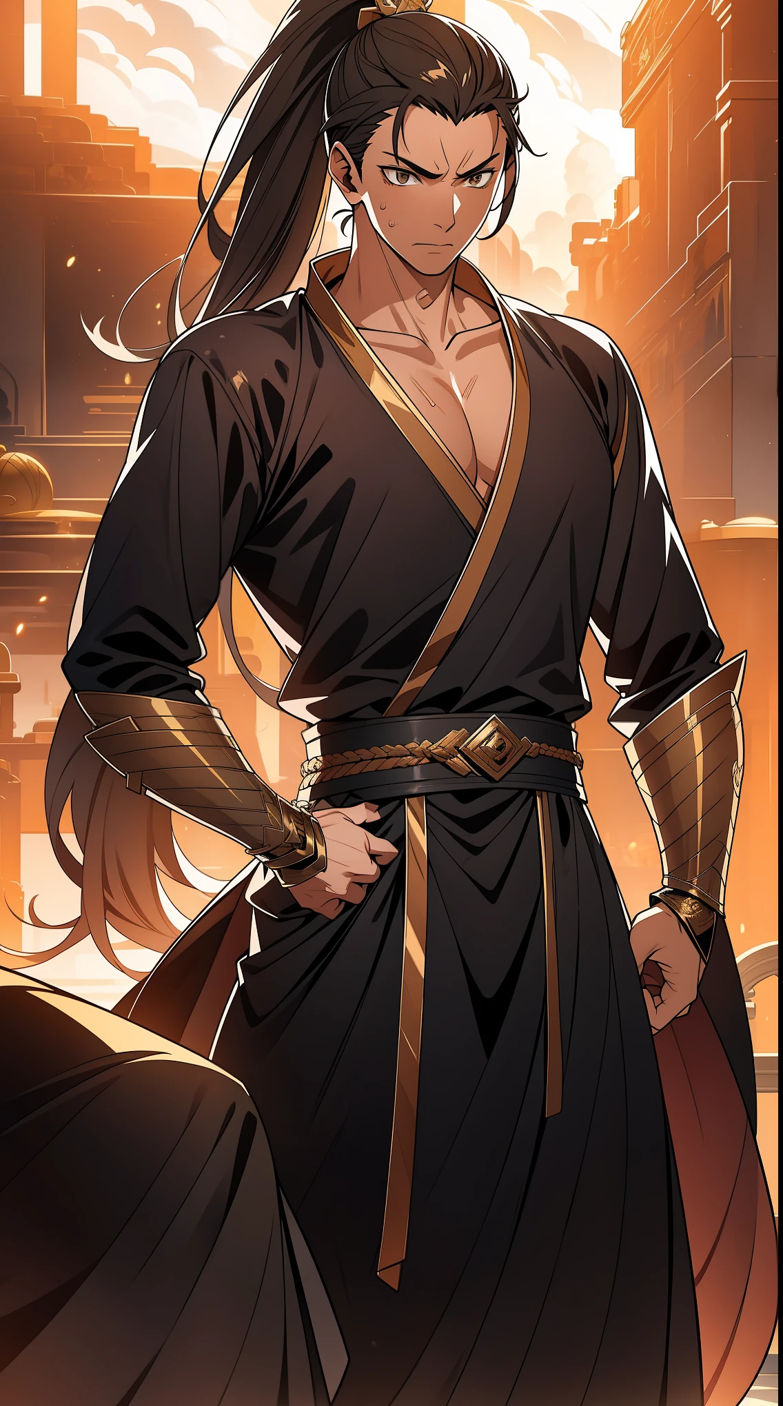 two-dimensional,anime style,one person(male warrior),Correct proportions,facial details,swordsman,High ponytail hairstyle,neck details,There is an Adam'apple,black and gold robe,joke,black and gold robe,clothing details,transfer,long sleeve,Game quality,fencing,Ray tracing,Ray tracing,Delicate glow,CG rendering,Hair details,long black and blonde hair,Black-gold eyes,Handsome,Handsome,(feeling of youth),Costumes are complicated,perfect composition,refine,high quality,More details,complex background,a sense of atmosphere,