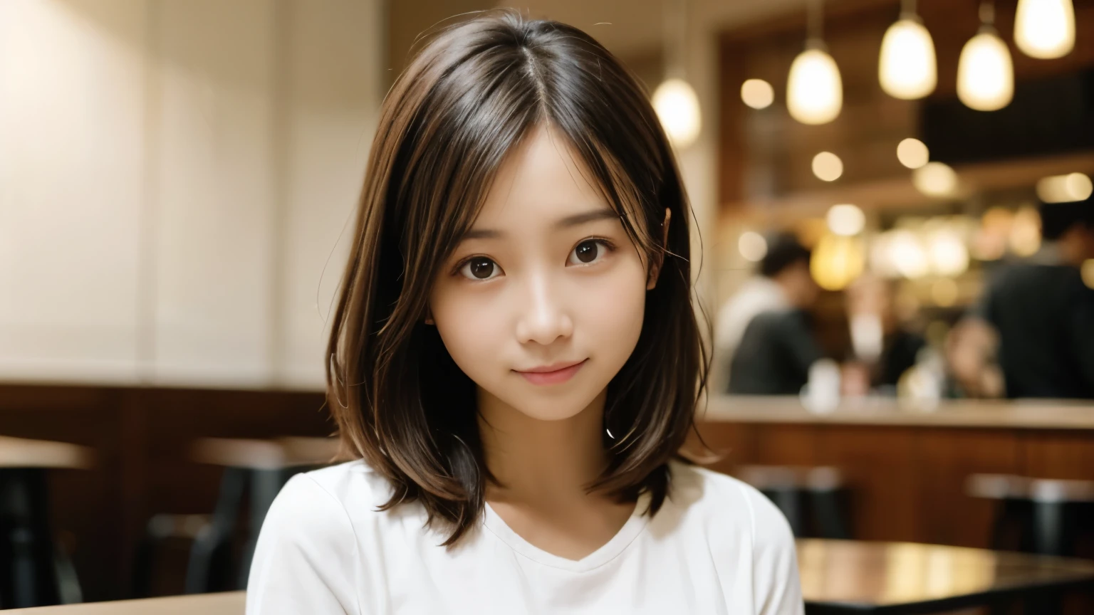 masterpiece, best quality, 8k, disorganized person, (Upper body:1.4), stylish cafe,white shirt, beautiful girl, pretty face, looking at the viewer, smile, super realistic, high resolution, picture, sharp focus, HDR, face light, dynamic lighting, movie lighting, professional shadow, beautiful cafe background, best details, very detailed, Super detailed, finely, real skin, delicate facial features, detailed face and eyes, sharp pupils、real students