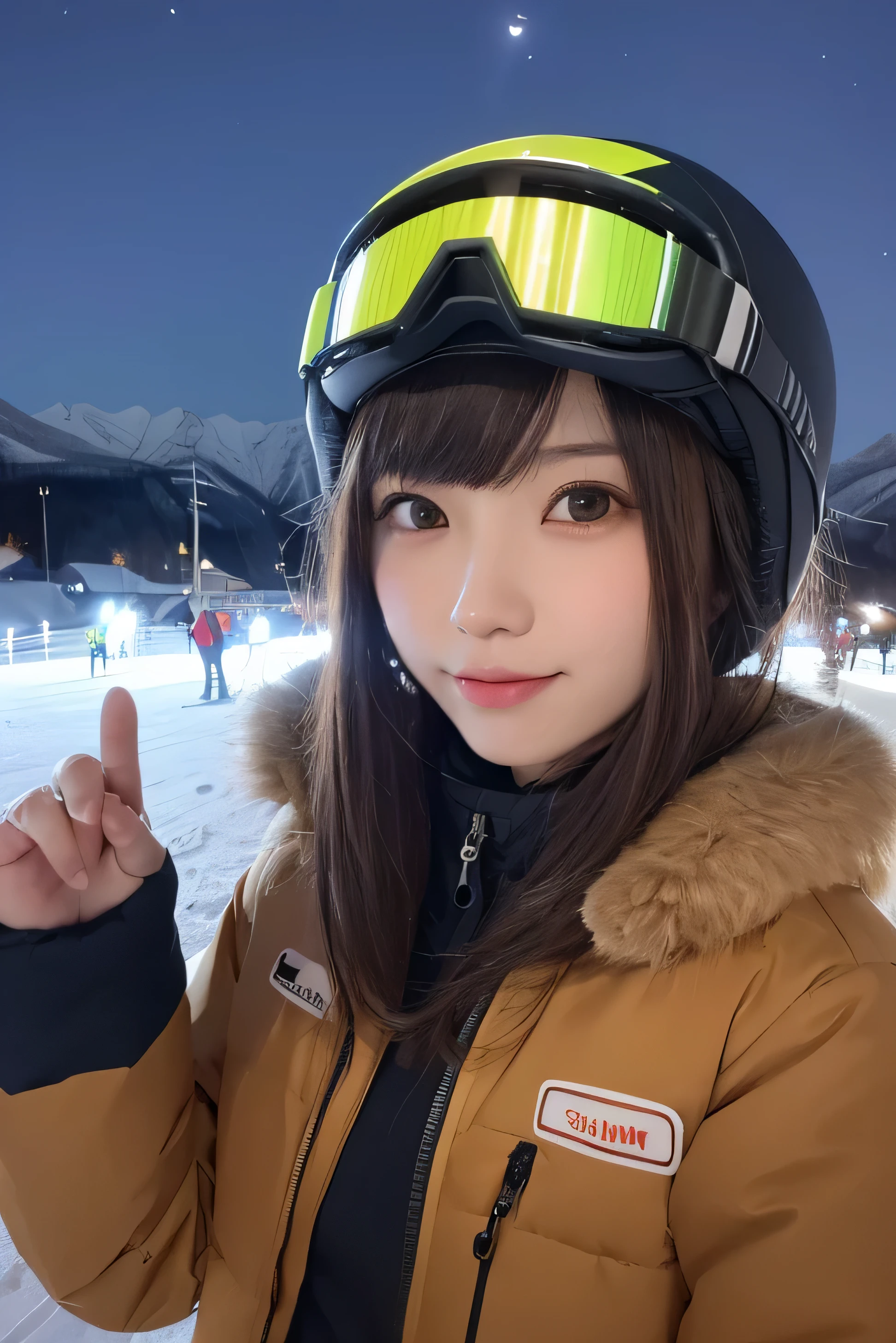 8K、(realistic、Photoreal:1.37)、(masterpiece:1.2)、(highest quality:1.4)、(超A high resolution:1.2)、(Raw photo:1.2)、(sharp focus:1.3)、(face focus:1.2)、(Full body Esbian:1.5)、(Full body Esbian:1.2)、table top, highest quality, 8K, 10 years, Raw photo, absurd, award-winning portraits, smile, alone, (night:1.8), idol face, (big breasts in the face:1.2), short hair, delicate girl, Upper body, Digital single-lens reflex camera, looking at the viewer, Frank, Sophisticated,thin arms, professional lighting, film grain, chromatic aberration, (surprisingly cute:1.2),detailed eye,((brown eyes)),(brown hair),(bangs),(((ski helmet)))wearing, (ski wear),from below,((from the front)),((support)、attractive eye appearance、((両手を上げてsupport姿))