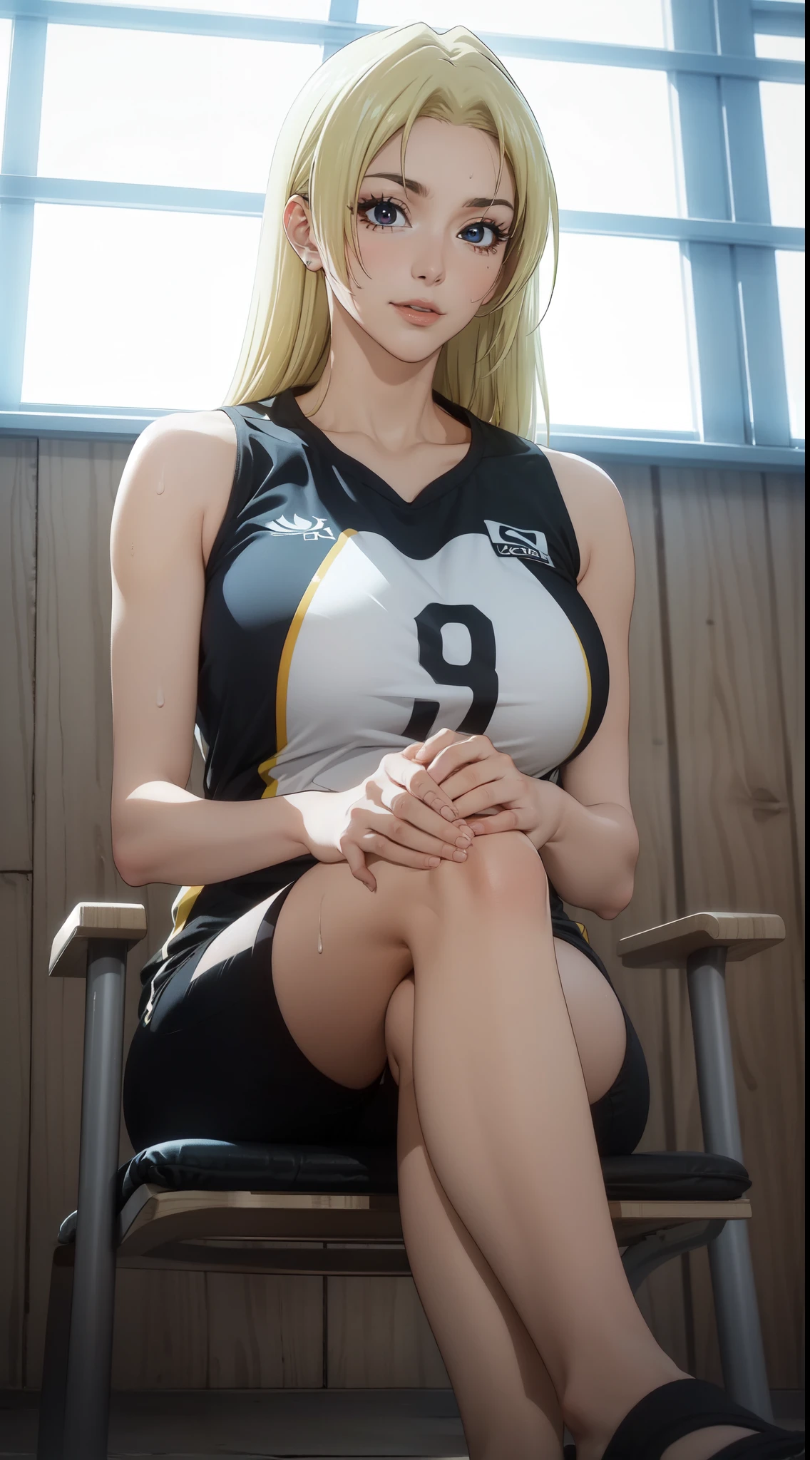 ((masterpiece, Best Quality, high resolution, Perfect Pixel, 8K))), 1 girl、slim thighs、full body seen、 ((Bangs、gorgeous blonde hairs、Long beautiful blonde hairs))、((Gorgeous black eyes、Beautiful eyelashes、Realistic eyes))、 ((Detailed face, Blushing:1.2))、((Smooth texture:0.75, Realistic texture:0.65, Photorealistic:1.1, Anime CG style))、Dynamic Angle、Perfect body、(Women Sports shorts、perfectly insanely detailed eyes、Background volleyball court、Volleyball uniform)、Perfect realistic representation of face、ultra realistic eyes、ultra insanely detailed eyes、(no-bra)、(sitting on a chair、legs crossed)、(beautiful portrait、very High quality、legs sweaty、ultra high definition、 insanely detailed face、ultra high quality、ultra high clarity、best quality)、insanely detailed dress、looking somewhere、realistic representation of a face、curvy body、sandals、white skin、Waving her hairs、sweaty uniform、glistening sweaty body、best image quality、best clarity、 highest resolution、8k resolution、ultra high resolution、beautiful smile、beautiful eyelashes、beautiful face、gorgeous representation of a face、curvy body、perfect body、full body posture、erect through、erotic face、glistening sweat、dynamic lightning、perfect body、dynamic lightning、 (innocent_big_eyes:1.0)、Bright_Front_face_Lighting、seen from front、shiny skin、bokeh:1.2、Full body shot、professional photograph、(Beautiful,large_Breasts:1.4)