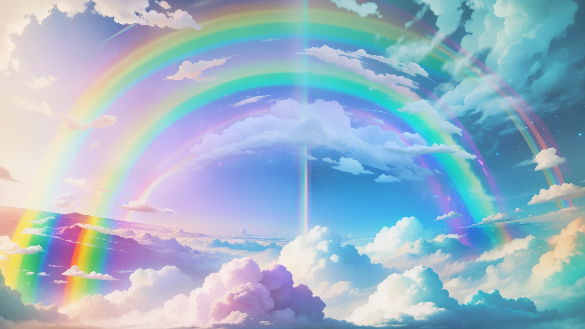 there is a the rainbow in the sky with clouds and stars, ethereal the rainbows, bright the rainbow nimbus, ethereal the rainbow nimbus, the rainbow bg, sunny the rainbow galaxy stormy sea, the rainbow in the sky, soft the rainbow, very colorful heavenly, the rainbow clouds, the rainbow colored clouds, pastel the rainbow, Glowing sky sky background, the rainbow background, Celestial colors, Rainbow Sky, the rainbow, the rainbow colored