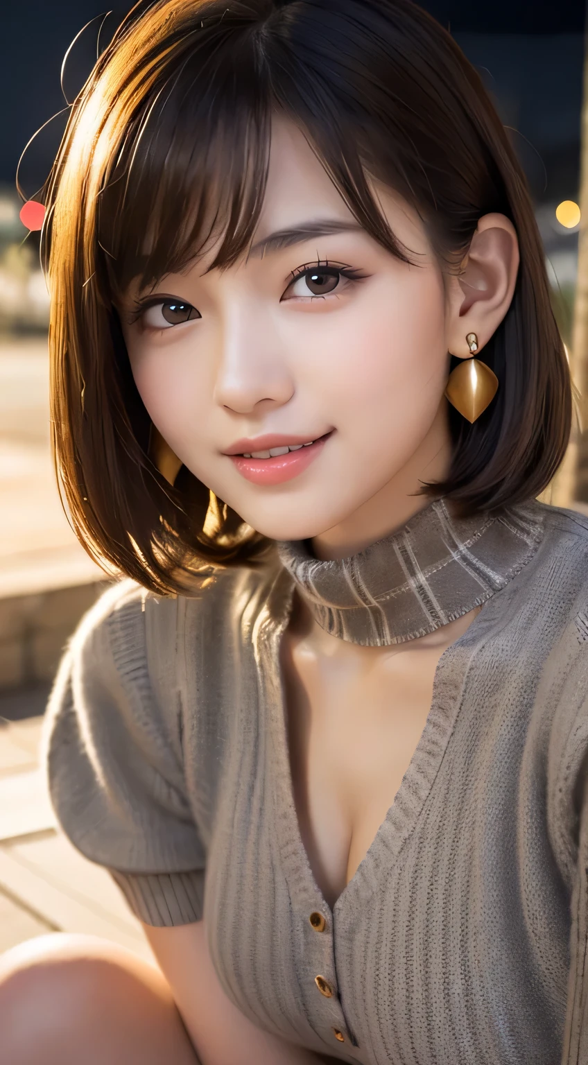 (masterpiece:1.2, highest quality), (realistic pictures:1.4), beautiful illustrations, (natural side lighting, movie lighting),looking at the viewer, 1 girl, Japanese, 16 years old, perfect face, perfect body, Cute symmetrical face, shiny skin, baby face, (short hair, blonde), flowing bangs, gold eyes, big eyed idol chest, seductive thighs), earrings, beautiful hair, beautiful face, fine and beautiful eyes, beautiful clavicle, beautiful body, beautiful breasts, beautiful thighs, beautiful feet, beautiful fingers, ((gray and brown plaid dress), Light brown turtleneck sweater, necklace), (beautiful scenery), night, (nice smile, upper grade)