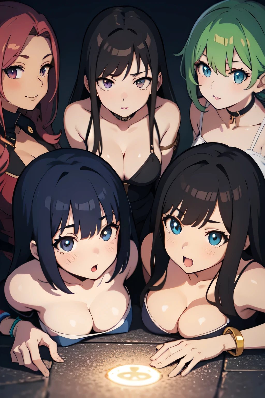 (anime), best quality, expressive eyes, perfect face, 4girls, matured females, big cleavage, movie lighting, 2boys, beautiful bodies, circled around a bracelet on the ground.