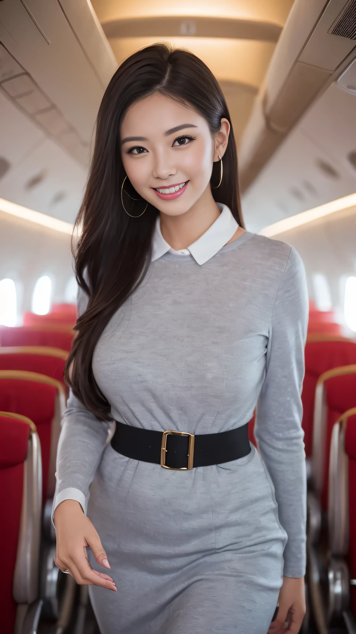 ((top-quality、masutepiece、8K、Top image quality、Hyper-Realism))、((1 female stewardess、walk gracefully down the aisle、cowboy shot、Take a photo of her from the waist up))、((The background is the first class aisle of an airplane.、Christmas decorations on board、Christmas illuminations on board))、((perfect stewardess uniform))、(Exposing the forehead、Chignon)、large full breasts、The Biggest Smile、white big teeth、Perfect makeup、long eyelashes、View me、smile your best smile、perfect anatomia、Bright lighting, hyper realistic, photoreal, wearing a professional and fashionable stewardess dress mix business suit such as for Oscars Award