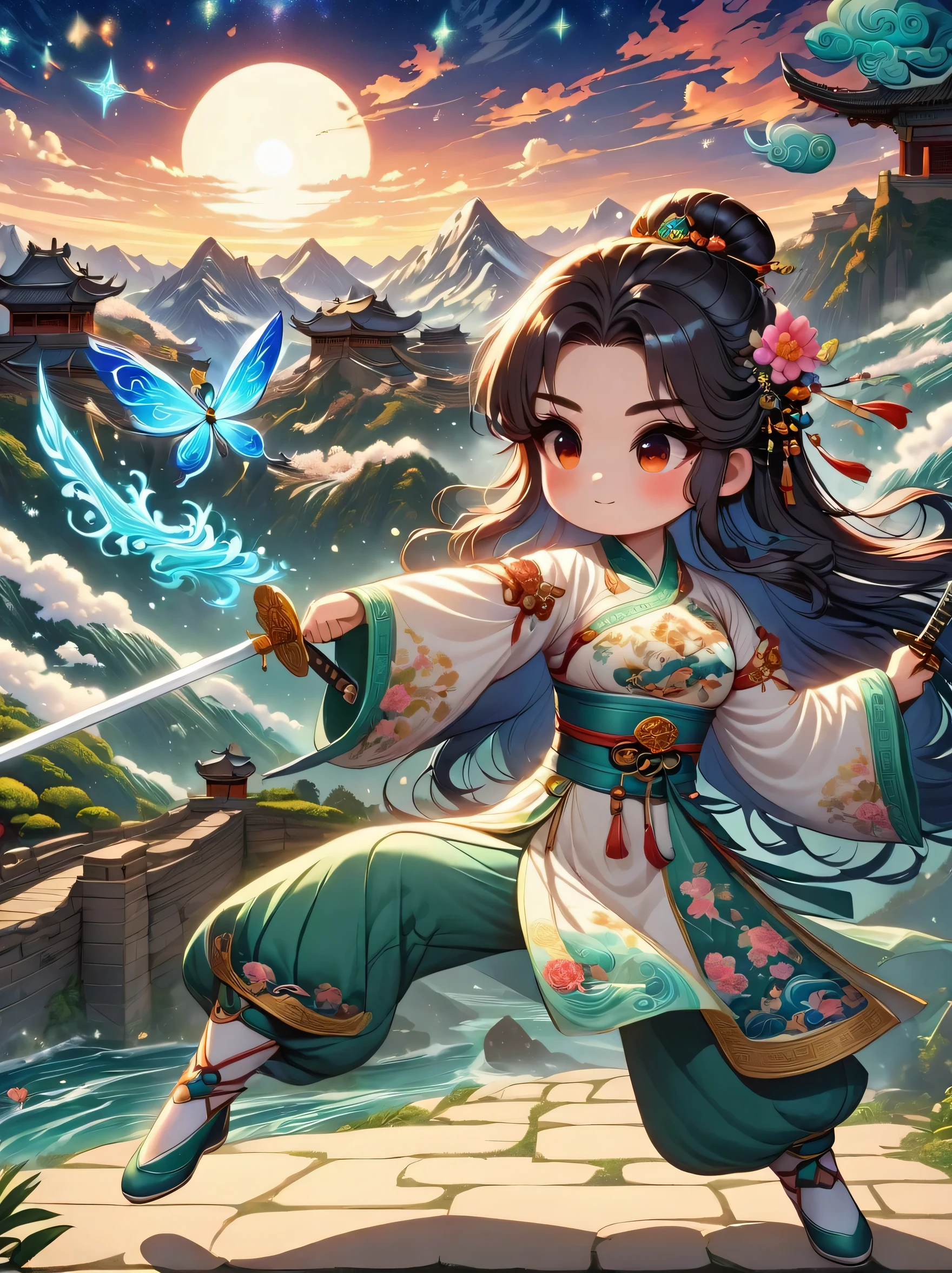 ((imagine)),((whole body)),Snow mountain sword painting method, Ancient style woman's cold ice flame sword, Holding a sword burning with blue flames, Dancing with a sword in white clothes, long hair flowing in the snow, Beautiful woman holding a silver sword, Wear jade jewelry, Her face is full of confident smile, She is suspended in the clouds like a fairy, Behind her are layers of mountains
