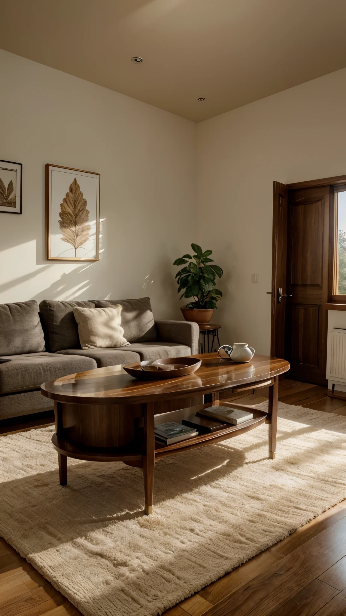 An artistic rendering of an oval-top lift coffee table made of walnut , seamlessly blending functionality and style with its storage compartment. A coffee cup set and a thought-provoking book rest atop, beside a miniature  enhancing the serene ambiance. The room is styled with a balance of natural and artificial light, highlighting the tables craftsmanship and materials from every angle. fine detail, realistic textures, natural lighting, shadow emphasis, vibrant contrast, serene atmosphere, 360° view this product