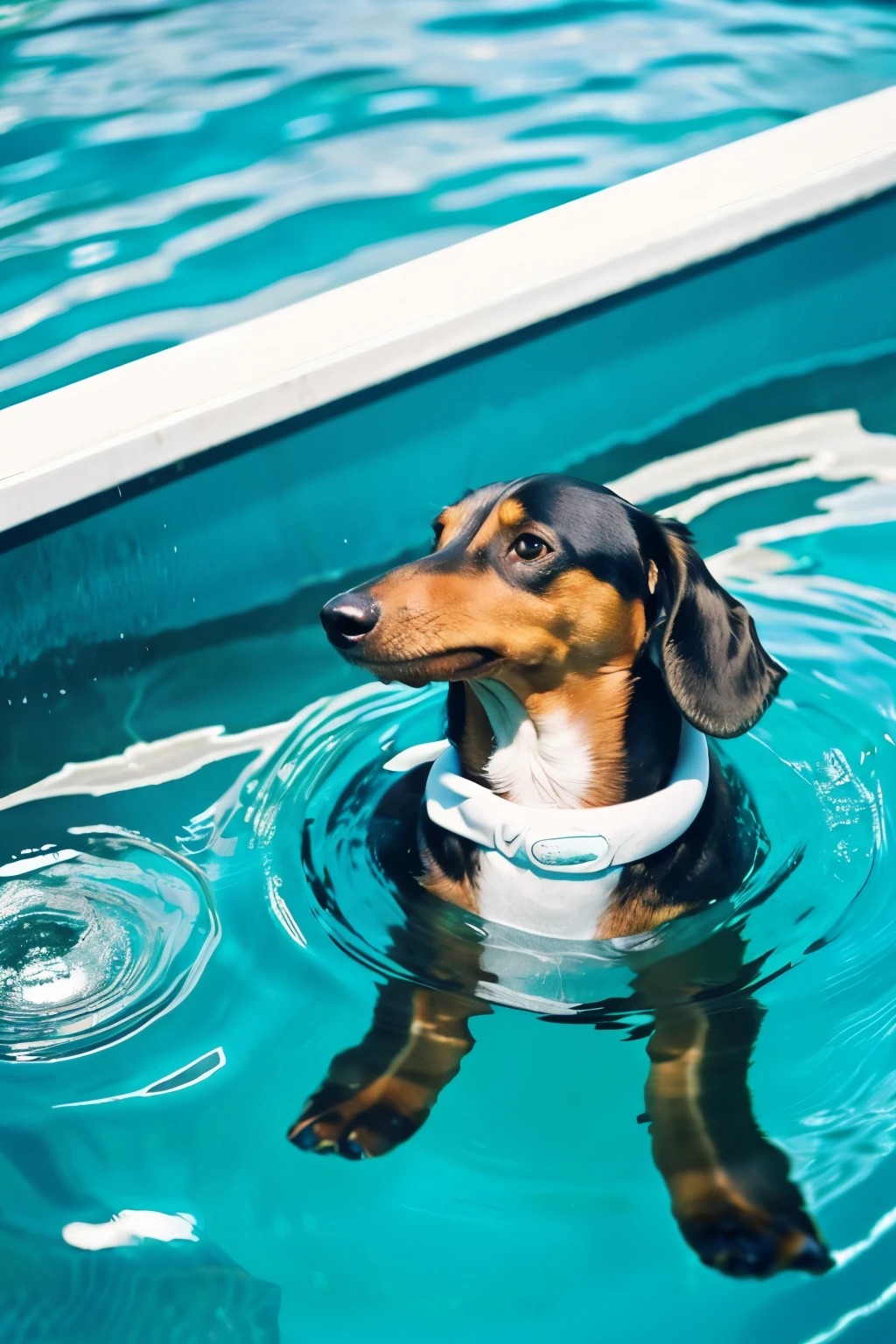 a dachshund floating in a body of water in the pool, Lean back,clear and transparent water, light white and turquoise,y2k aesthetic,soft and dreamy colors,brightly colored, popular Instagram, high level of detail,realistic photo feeling --ar 9:16 --s 250