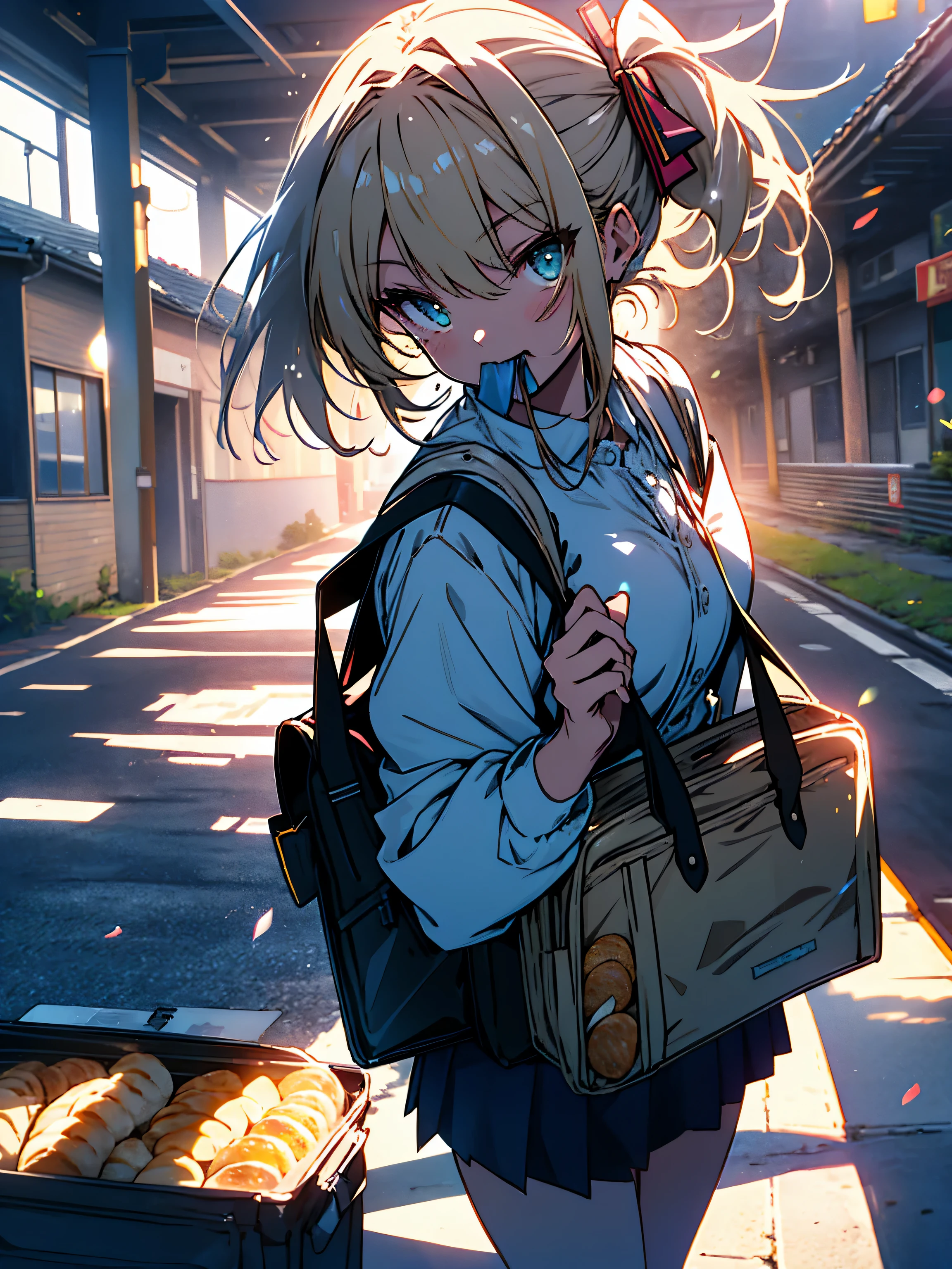 (highest quality、masterpiece、High resolution、be familiar with)、(shining eyes、be familiar with美しい顔)、((run as fast as possible))、(1 high school girl)、(uniform、mini skirt)、(Fair-skinned gal)、(blonde ponytail)、(put toasted bread in mouth)、(school tote bag、She wears a lot of cute accessories)、(colorful nails)、(I'm in a hurry)、(sprint at full speed)、(panic)、lateness、(school zone)、(beautiful anime)