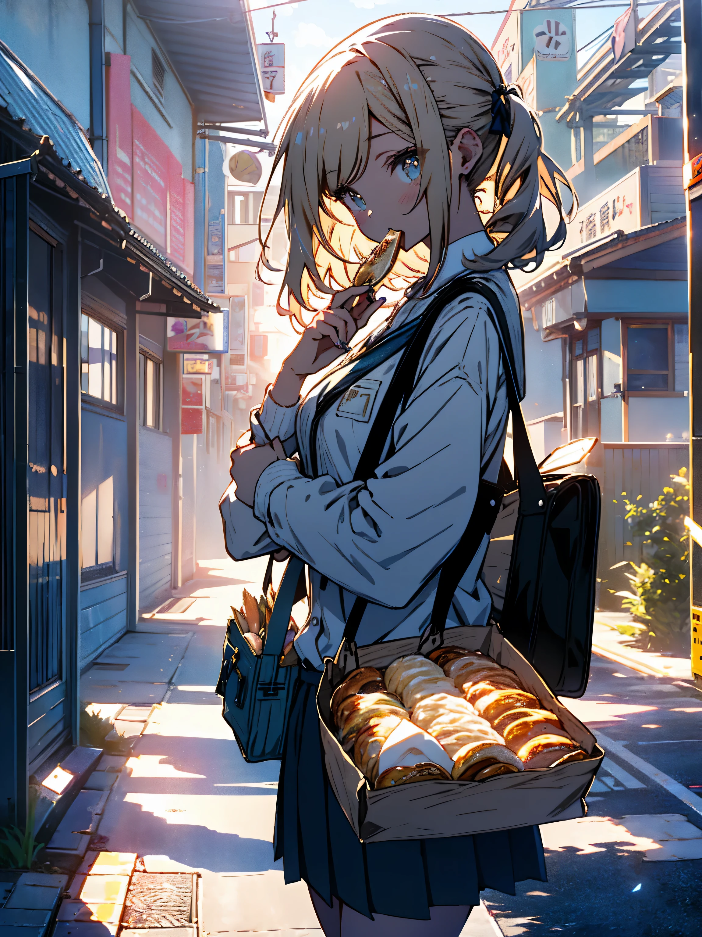 (highest quality、masterpiece、High resolution、be familiar with)、(shining eyes、be familiar with美しい顔)、(1 high school girl)、(uniform、mini skirt)、(Fair-skinned gal)、(blonde ponytail)、(put toasted bread in mouth)、((Run))、(school tote bag、She wears a lot of cute accessories)、(colorful nails)、(I'm in a hurry)、(sprint at full speed)、(panic)、lateness、(school zone)、(beautiful anime)
