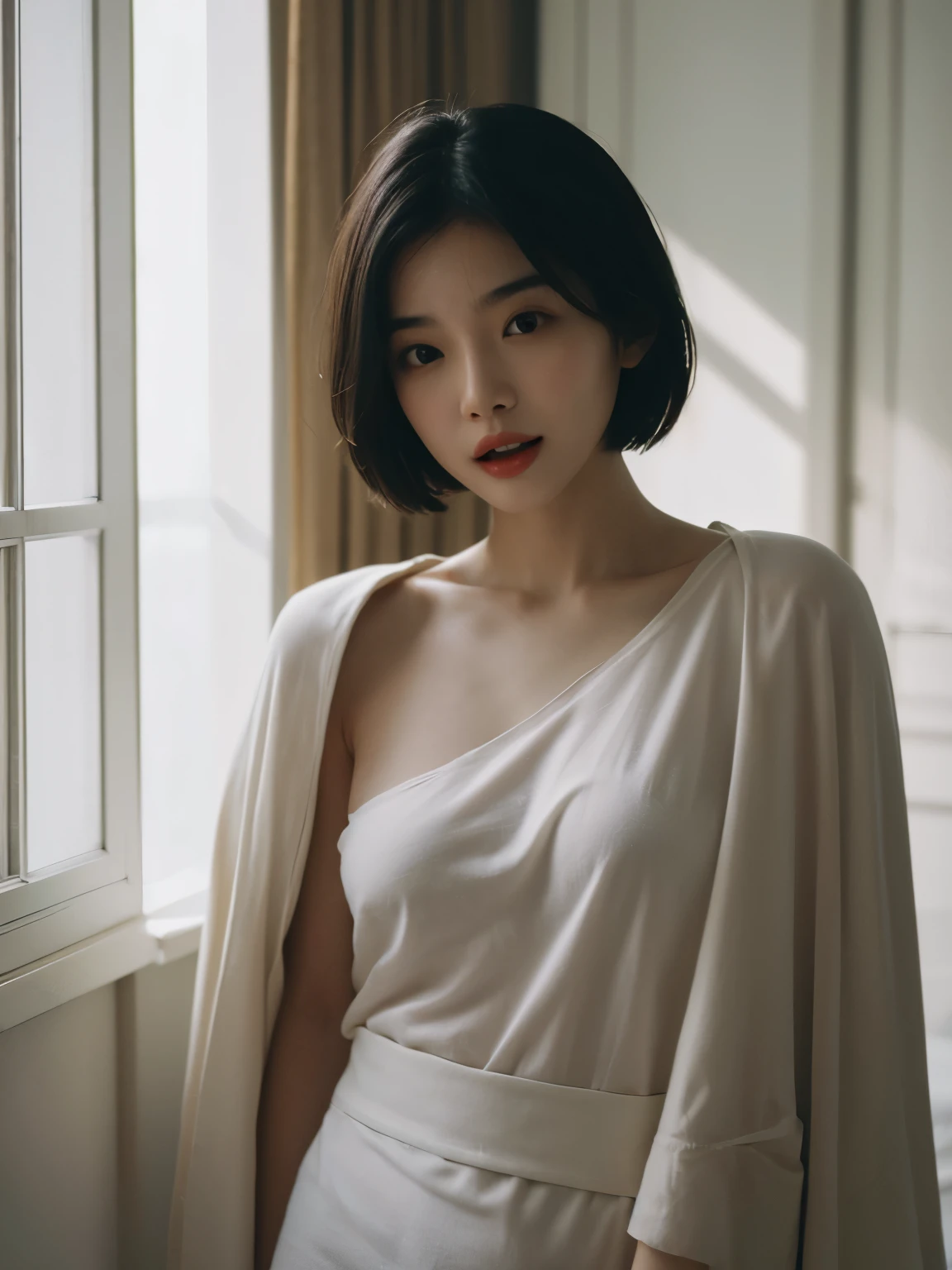 Best quality, masterpiece, ultra high res, (photorealistic:1.5), raw photo, 1girl, naked and covered up with blanket , in the room with open windows, light shadow, low key, warm light, sexy look, short hair, asian face, Chinese face, real person with white bright skin, cold flat eyes, tired eyes, cool eyes, looking to the windows