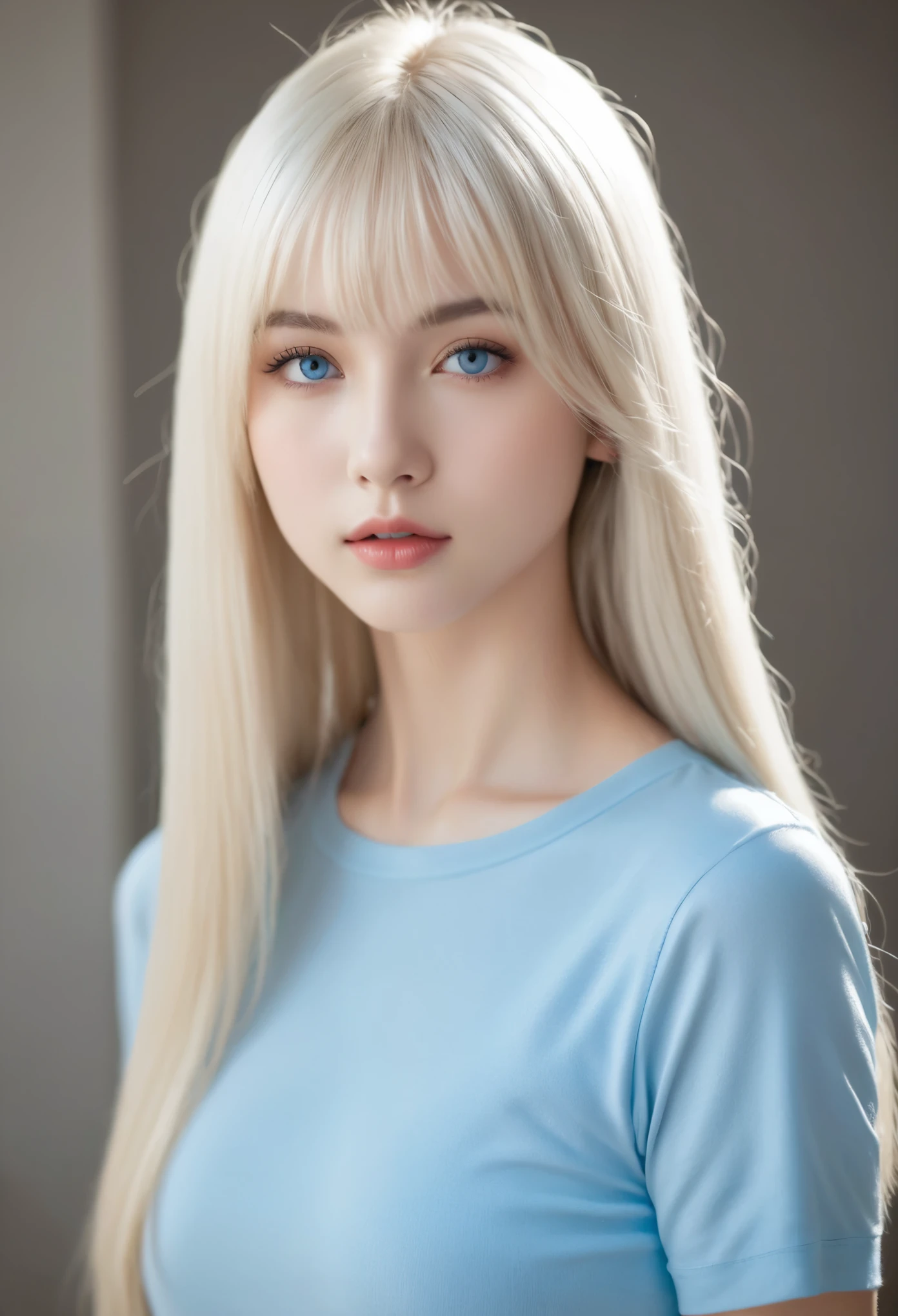 Unbeatable beauty, Skin is firm and shiny, bangs between eyes, Shiny straight beautiful platinum blonde, Silky extra long straight hair, Eyeliner, Sexy beautiful innocent 14 year old, HD big big beautiful bright blue eyes, beautiful cute girl, baby face, short sleeve
