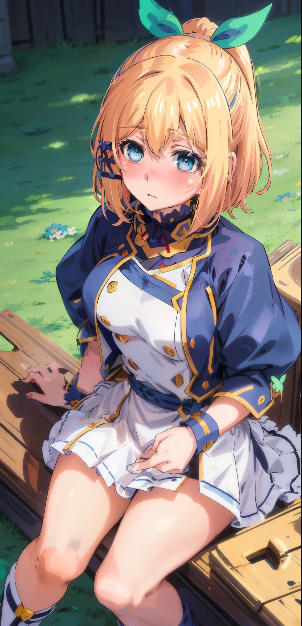 best quality, (masterpiece:1.2), detailed, medieval,
Rumia Tingel,
1girl, solo, ((blush)),
medium hair, blonde hair, short ponytail, blue eyes, green bow, x hair ornament,
((( blue eyes, ultra-detailed eyes))),
Dynamic pose, ((blush)), medium breasts,  medium hair,  background, perfect anatomy, healthy skin,  glowing eyes, cat ears. sitting .