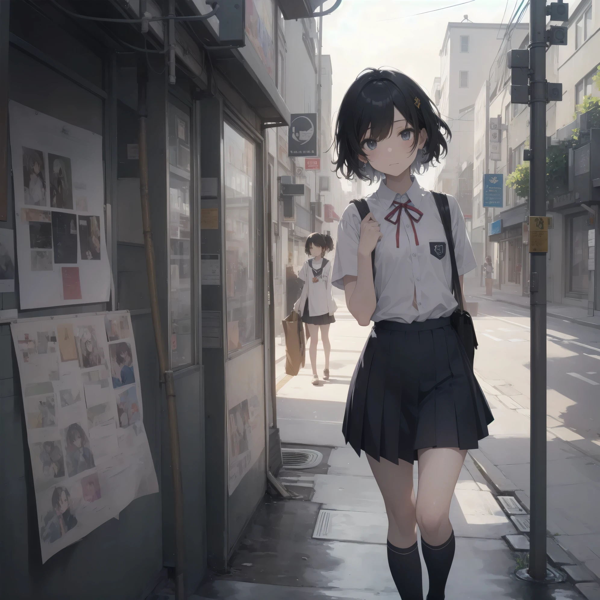 Super Absurd - Top Quality from the God of Art, Super detailed, High resolution,portrait, anime moe art style, best anime 8K konachan wallpaper, Pixiv contest winners, perfect anatomy,break, (眠そうにalone学校へ行く女の子を描いてください. )break,1 girl, (alone,little woman, :1.3),All limbs, full finger,, The charm of an immature body, (very_short hair), shortcut, Bang, flat chest, , small ass, between legs, small black eyes, detailed and beautiful eyes, Well-proportioned iris and pupils, expressive eyes, High resolutionの詳細な髪, expressive, neck ribbon, shirt, collared shirt, skirt, pleated skirt, , (detailed lighting), (detailed background), On the way to school. break,super dense skin, Best cinematic lighting powered by famous artist, 8K,Beauty Illustration,photoshop_(Moderate),Absurd Hi-Res,UHD,rough skin,break,((artist:imigimuru)), artist:mifuru,artist:Fujiyama,artist:sekiya asami,