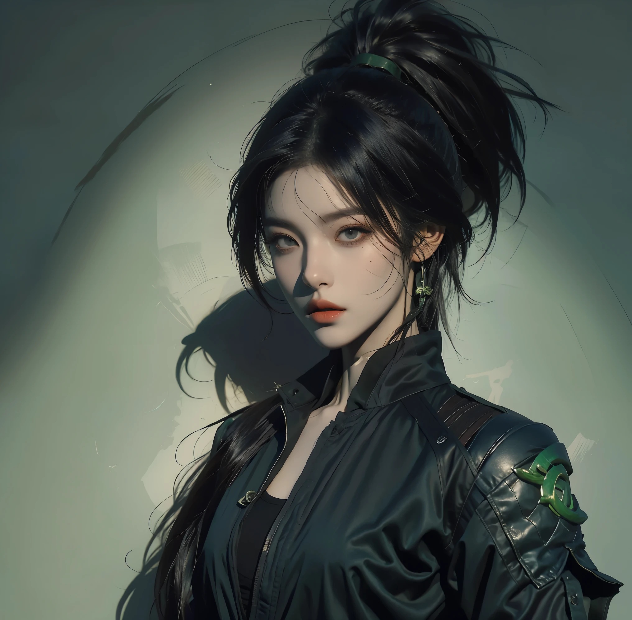 lifelike, high resolution,League of Legends，Akali，high ponytail,high resolution,Original picture，rich background，game design，Filter，dark void，Hollow，light and shadow art，Texture，wallpaper，Character details HD，model effect。background forest，Battle wind。