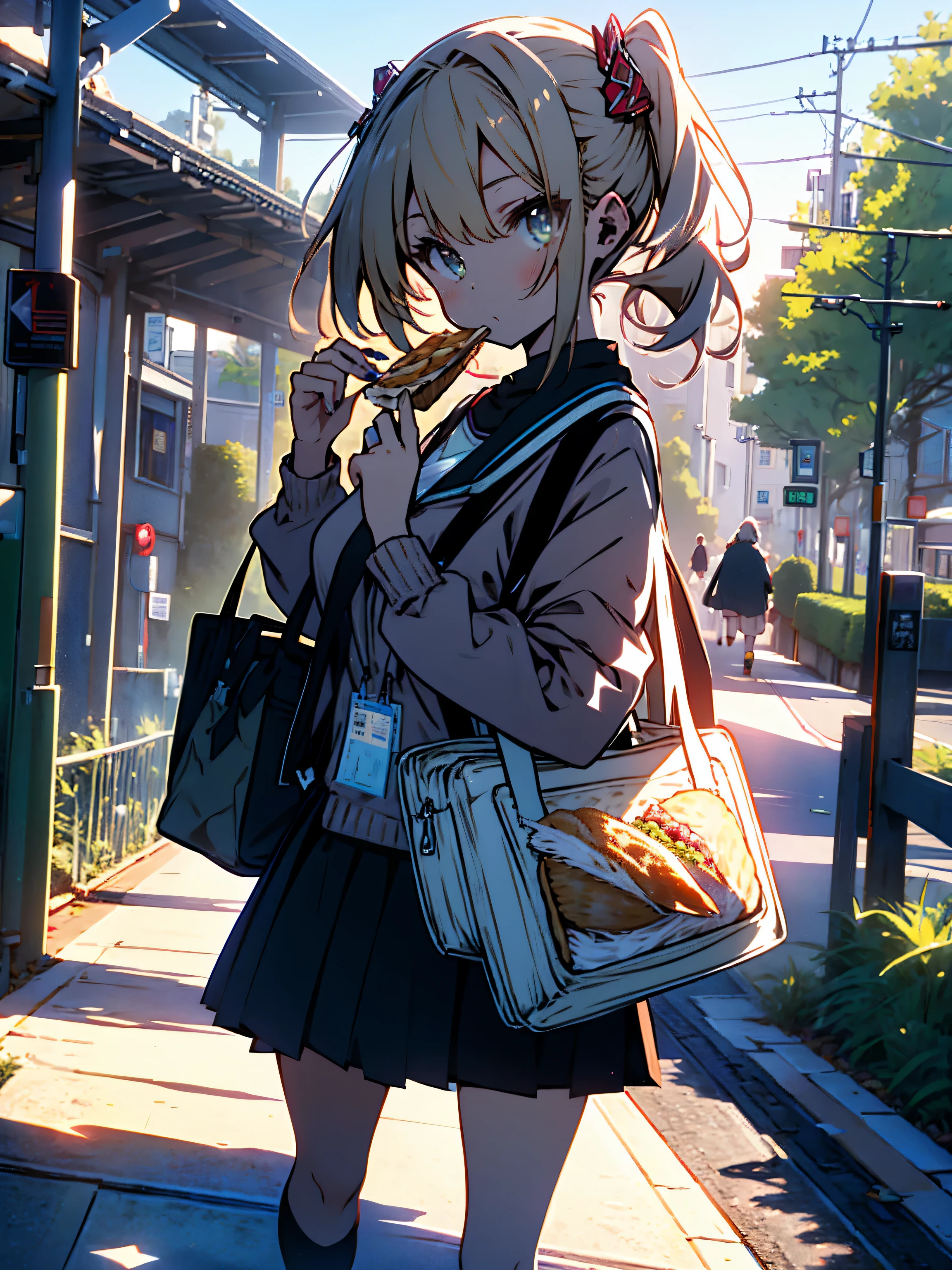 (highest quality、masterpiece、High resolution、be familiar with)、(shining eyes、be familiar with美しい顔)、(1 high school girl)、(uniform、mini skirt)、(Fair-skinned gal)、(blonde ponytail)、(put toasted bread in mouth)、(school tote bag、She wears a lot of cute accessories)、(colorful nails)、(I&#39;m in a hurry)、(sprint at full speed)、(panic)、lateness、(school zone)、(beautiful anime)