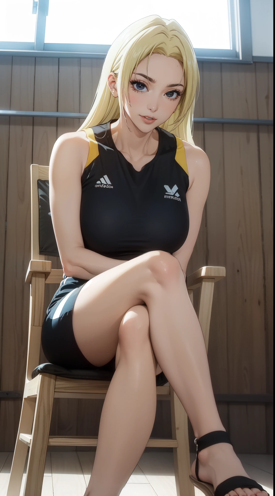 ((masterpiece, Best Quality, high resolution, Perfect Pixel, 8K))), 1 girl、slim thighs、full body seen、 ((Bangs、gorgeous blonde hairs、Long beautiful blonde hairs))、((Gorgeous black eyes、Beautiful eyelashes、Realistic eyes))、 ((Detailed face, Blushing:1.2))、((Smooth texture:0.75, Realistic texture:0.65, Photorealistic:1.1, Anime CG style))、Dynamic Angle、Perfect body、(Women Sports shorts、perfectly insanely detailed eyes、Background volleyball court、Volleyball uniform)、Perfect realistic representation of face、ultra realistic eyes、ultra insanely detailed eyes、(no-bra)、(sitting on a chair、legs crossed、beautifully crossed legs、perfectly crossed legs)、(beautiful portrait、very High quality、legs sweaty、ultra high definition、 insanely detailed face、ultra high quality、ultra high clarity、best quality)、insanely detailed dress、looking somewhere、realistic representation of a face、curvy body、sandals、white skin、Waving her hairs、sweaty uniform、glistening sweaty body、best image quality、best clarity、 highest resolution、8k resolution、ultra high resolution、beautiful smile、beautiful eyelashes、beautiful face、gorgeous representation of a face、curvy body、perfect body、full body posture、erect through、erotic face、glistening sweat、dynamic lightning、perfect body、dynamic lightning、 (innocent_big_eyes:1.0)、Bright_Front_face_Lighting、seen from front、shiny skin、bokeh:1.2、Full body shot、professional photograph、(Beautiful,large_Breasts:1.4)