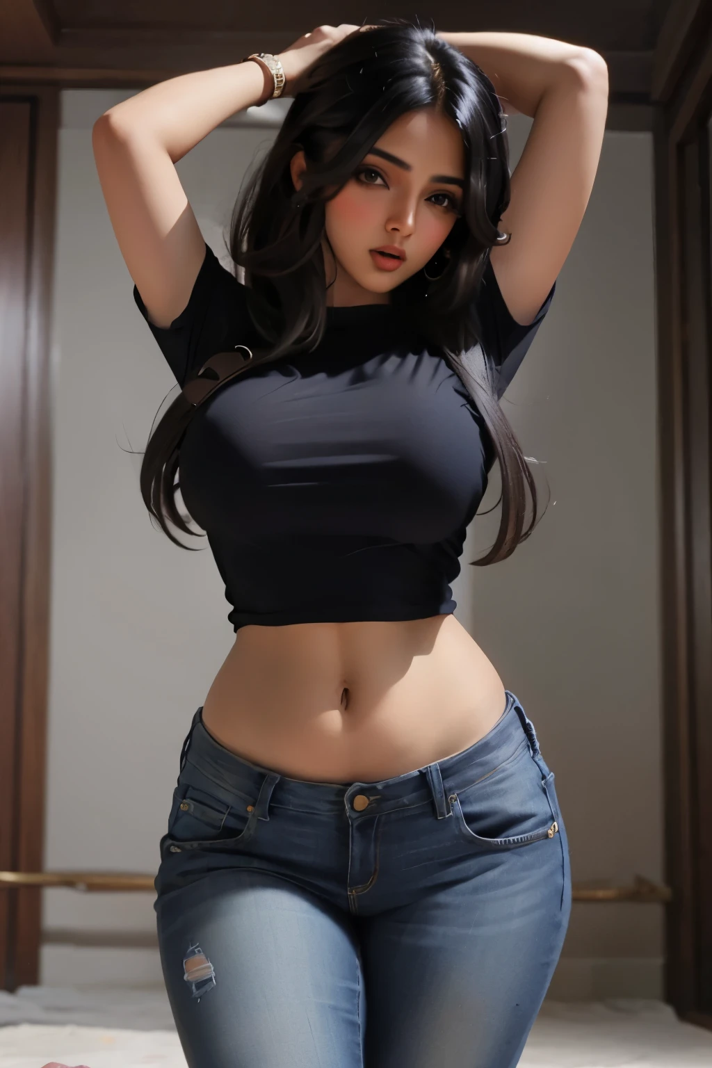 (Very detailed Unity 8K CG wallpapers..), woman(topless)The most beautiful in the world,Wear shorts with buttons that open wide.., Seeing pubic hair.., The hands and fingers are beautiful and in perfect proportion.., big breasts, beautiful body, full body, The skin will be smooth and fine...., movie light