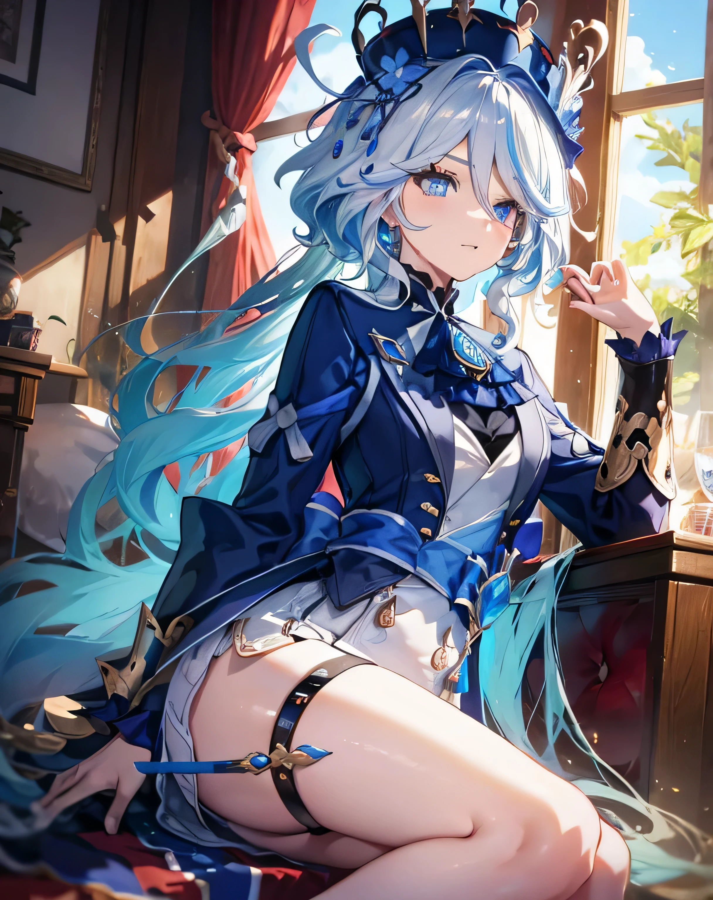 anime style images，a woman sitting on a throne，Surrounded by blue and white decorations, 石涛的concept art, CG social trends, concept art, Genshin impact character, keqing from Genshin impact, 2. 5D CGI anime fantasy artwork, Onmyoji Detailed Art, Genshin impact, Genshin, Popular topics on artstation pixiv