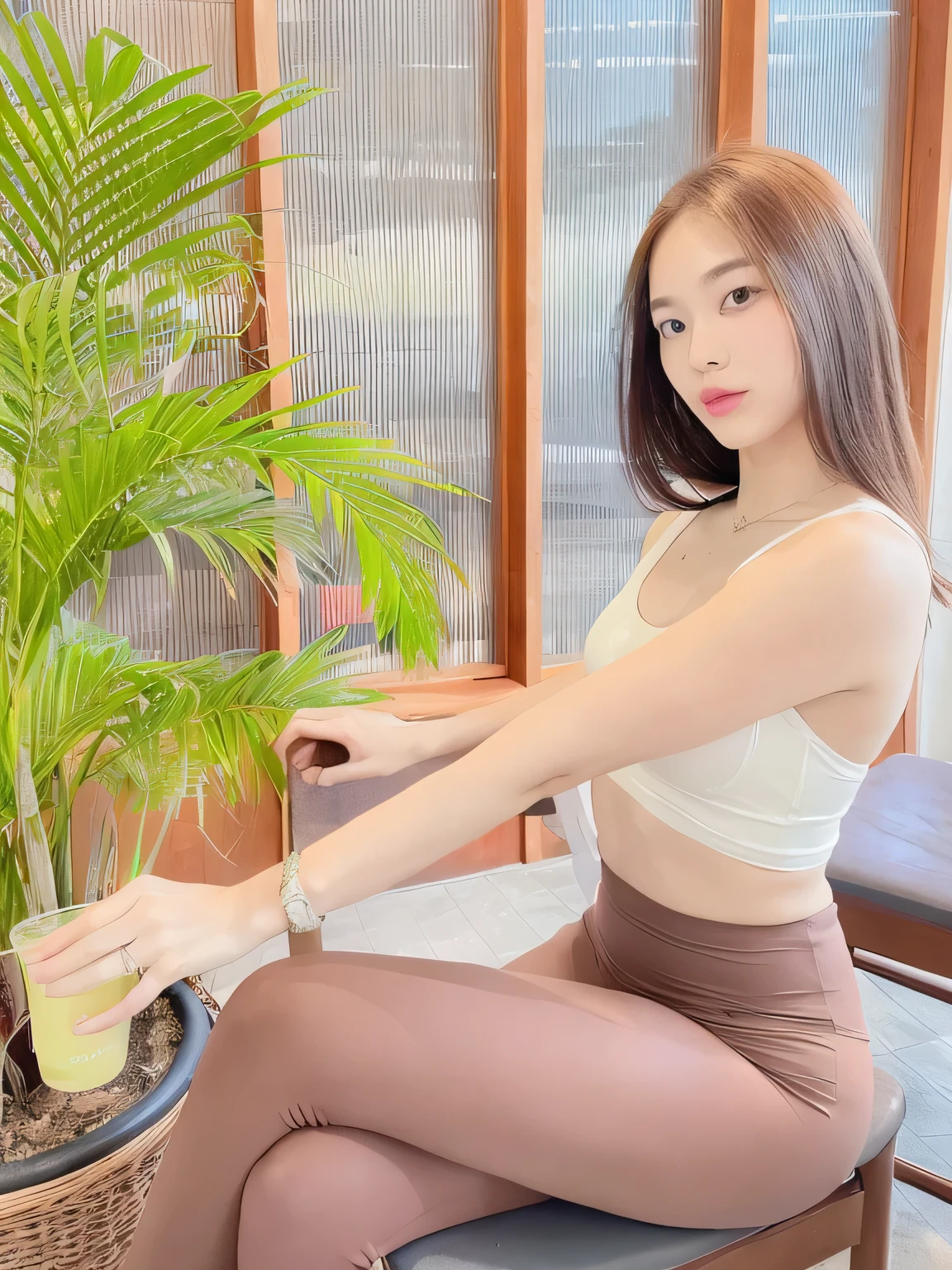 There was a woman sitting on a chair holding a plant.., Cottagecore!! body exercise, With a backdrop of natural light.., หญิงKorean girlที่งดงาม, Large underwear, next to a plant, Attractive posture, Shot with canon eos r6, have a belly, หญิงKorean girlที่สวยงาม, beautiful south korean women, crop top, Thin waist, beautiful asian girl, Korean girl