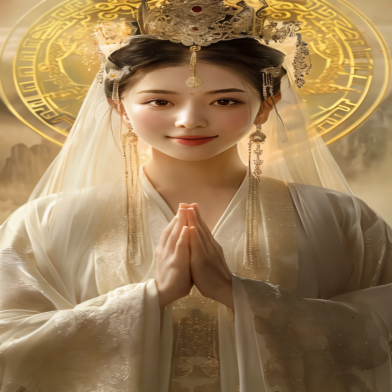 wearing white dress、Alafid woman wearing crown and golden clock, beautiful fantasy queen, portrait of a beautiful goddess, palace ， A girl wearing Hanfu, beautiful goddess, 令人惊叹的goddess portrait, white hanfu, chinese princess, Chinese goddess, ((beautiful fantasy queen)), beautiful oriental woman, goddess portrait, chinese woman